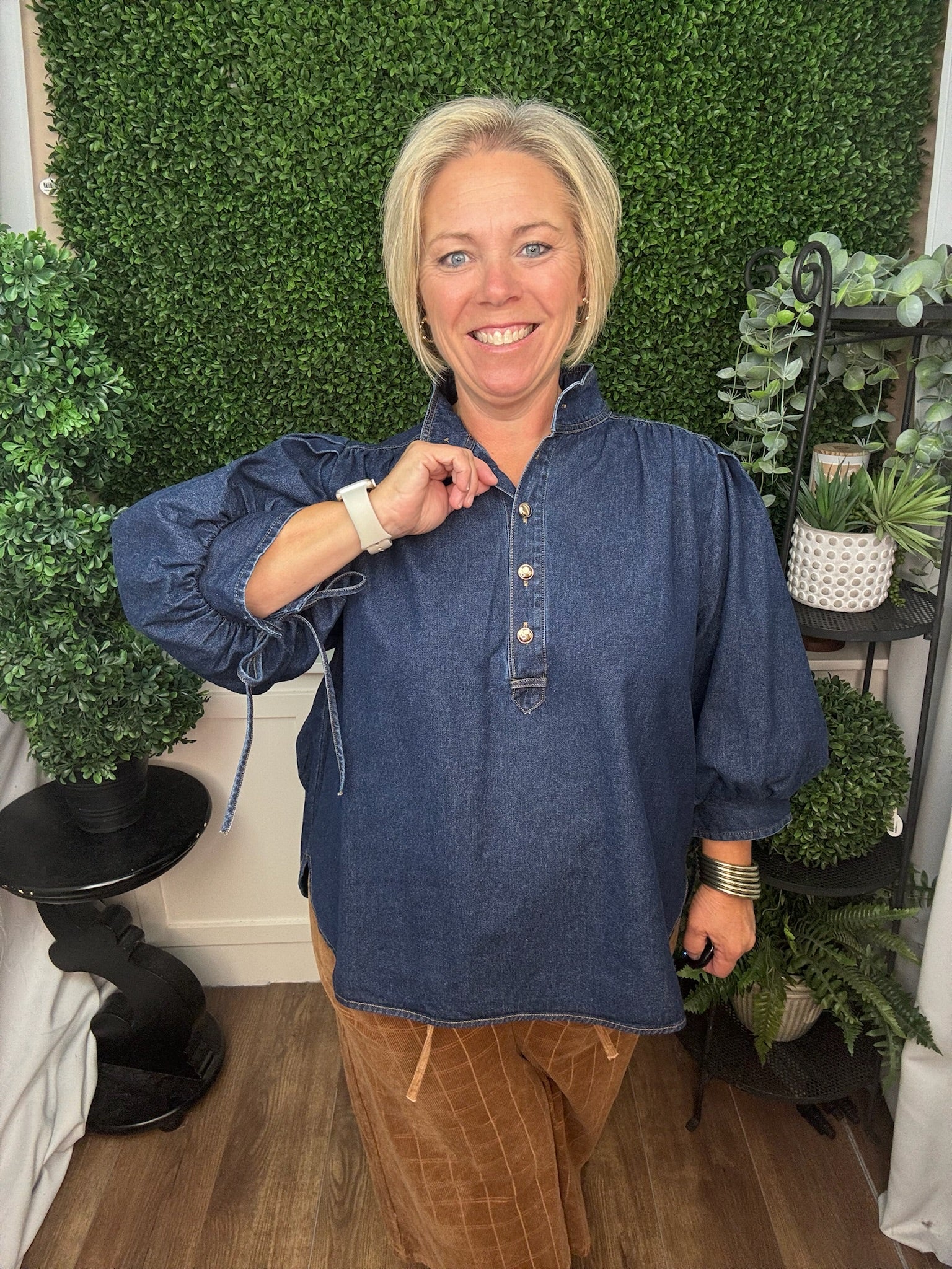 PUFF SLEEVE BUTTON DETAIL BLOUSE - DARK DENIM