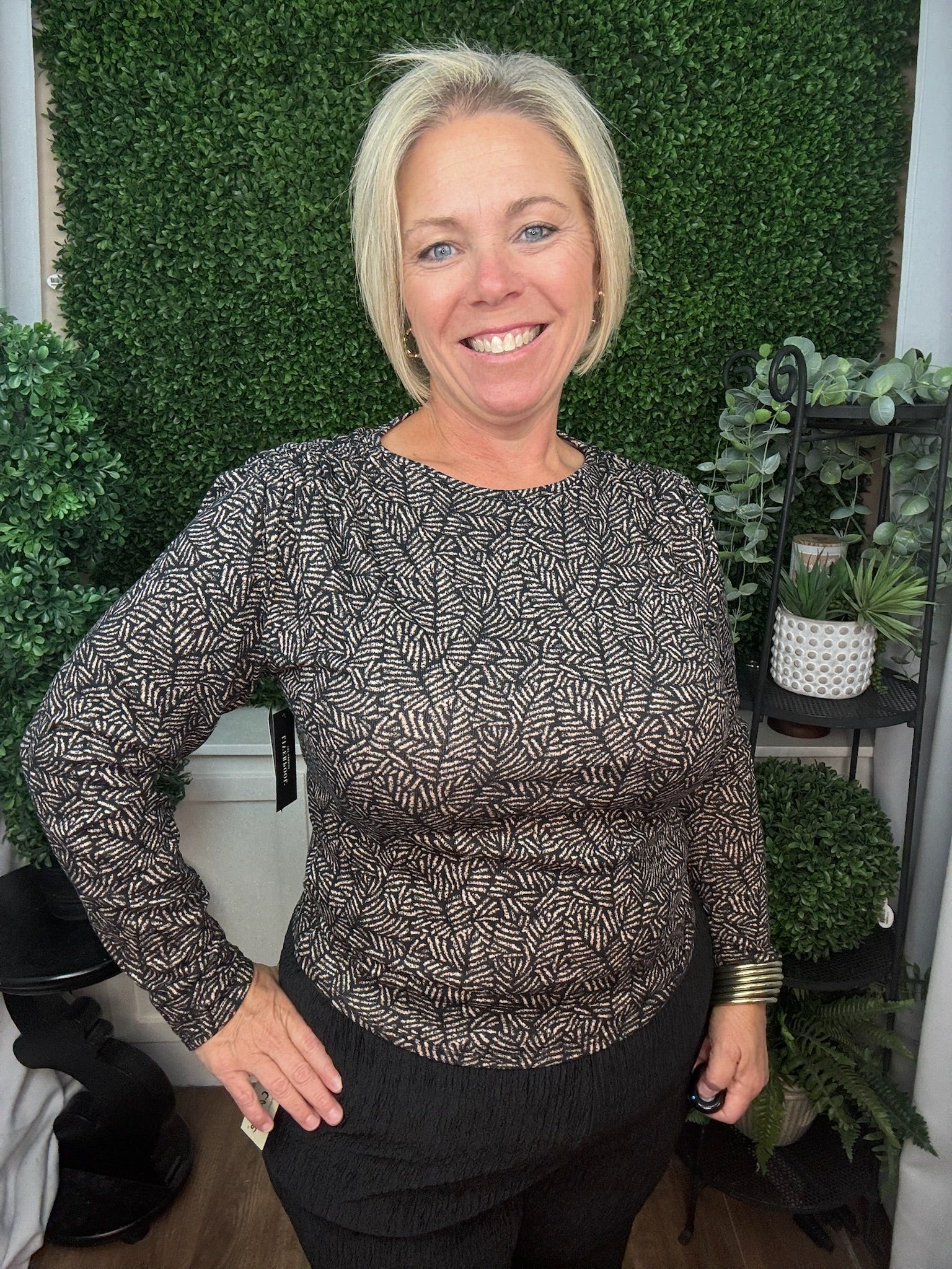 Long Sleeve Jewel Neck Knit Top with Shirring
