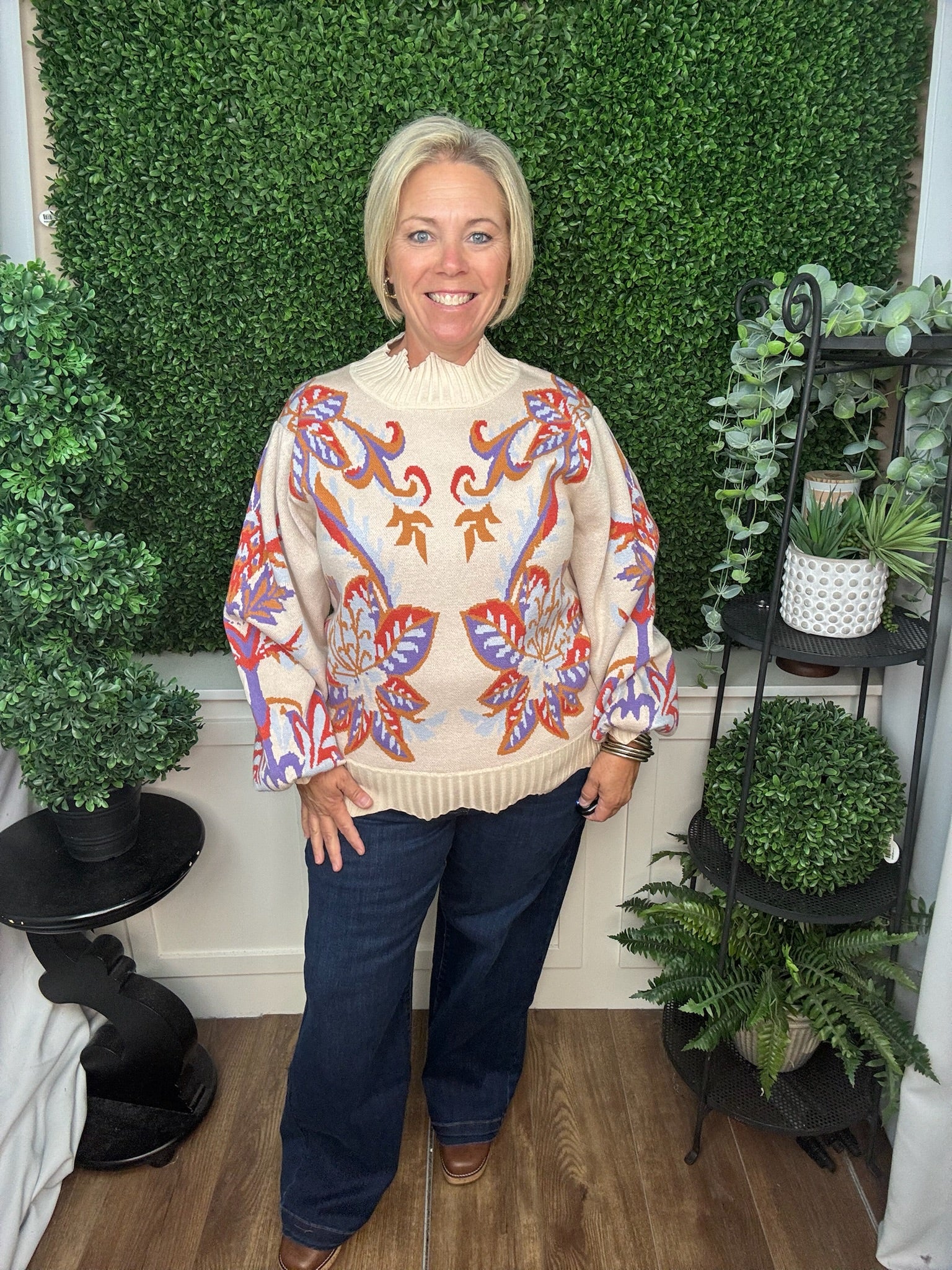 Floral & Leaf Motif Jacquard Knit Sweater with Waved Edge Detail