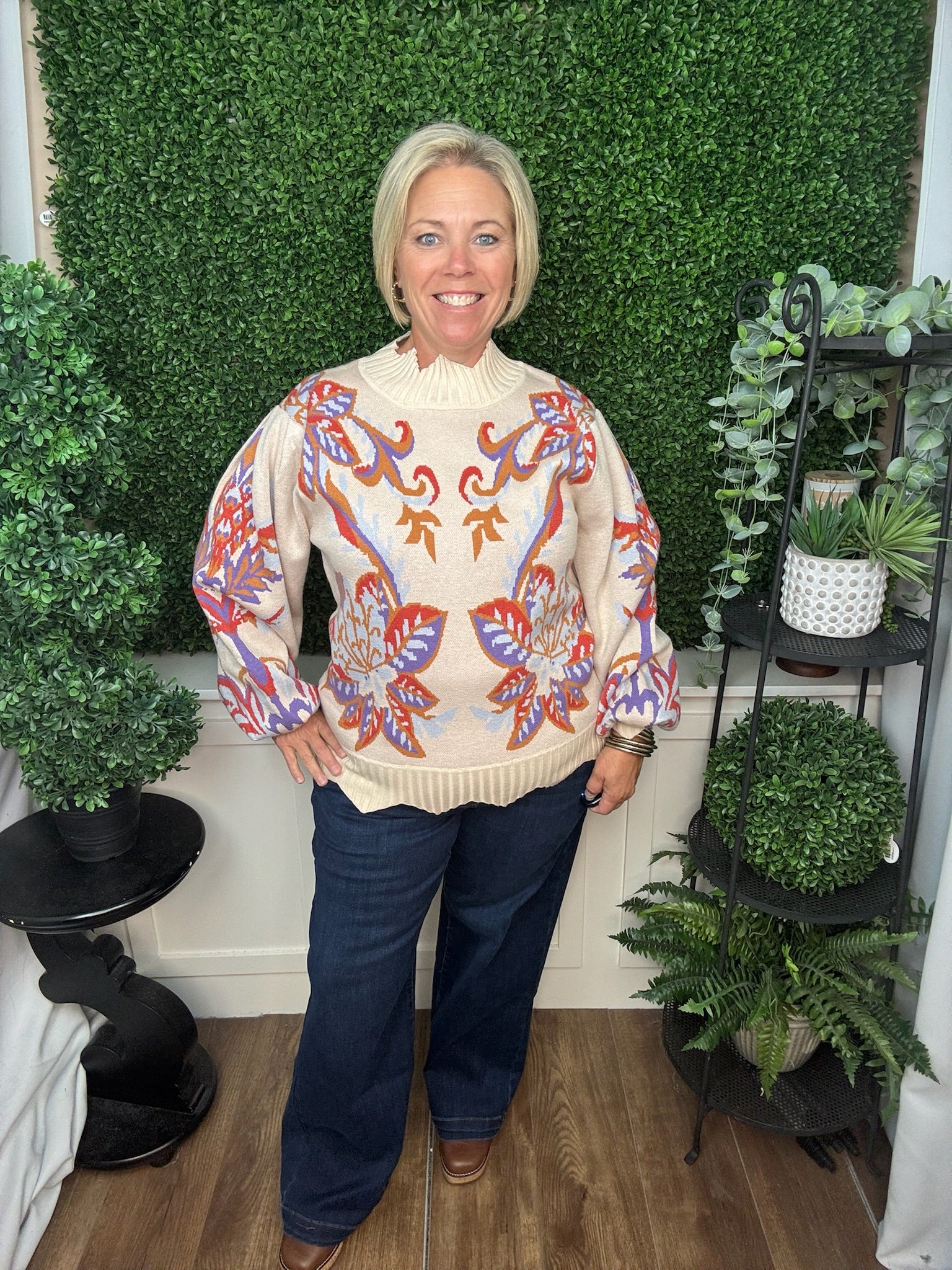 Floral & Leaf Motif Jacquard Knit Sweater with Waved Edge Detail