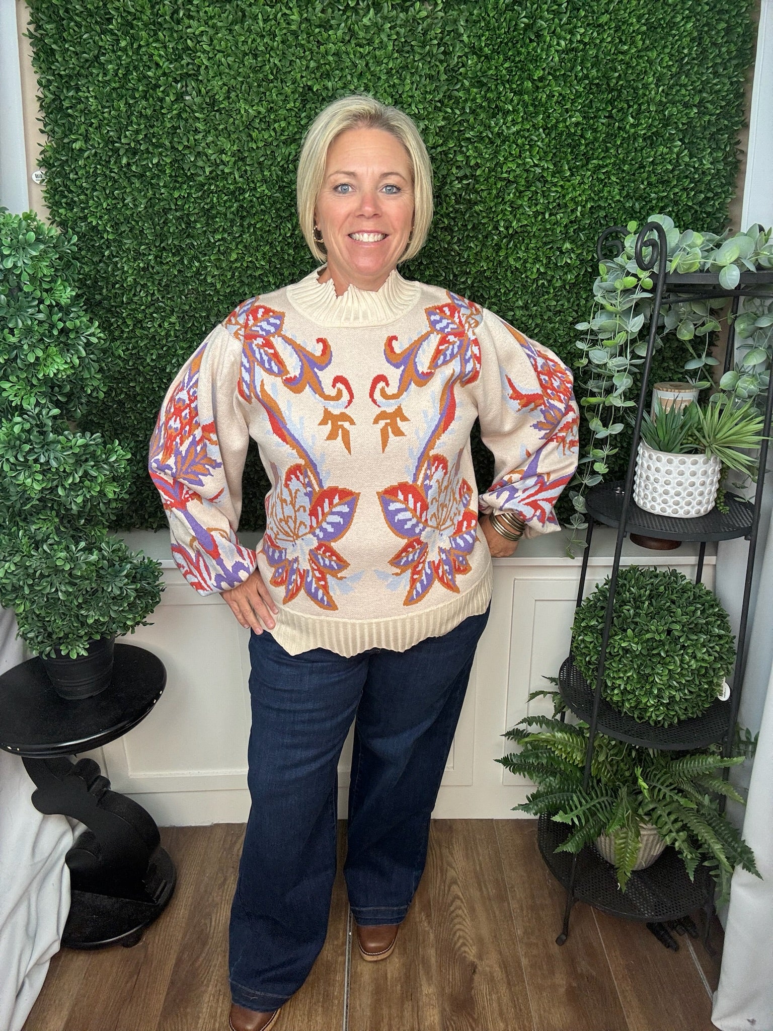 Floral & Leaf Motif Jacquard Knit Sweater with Waved Edge Detail