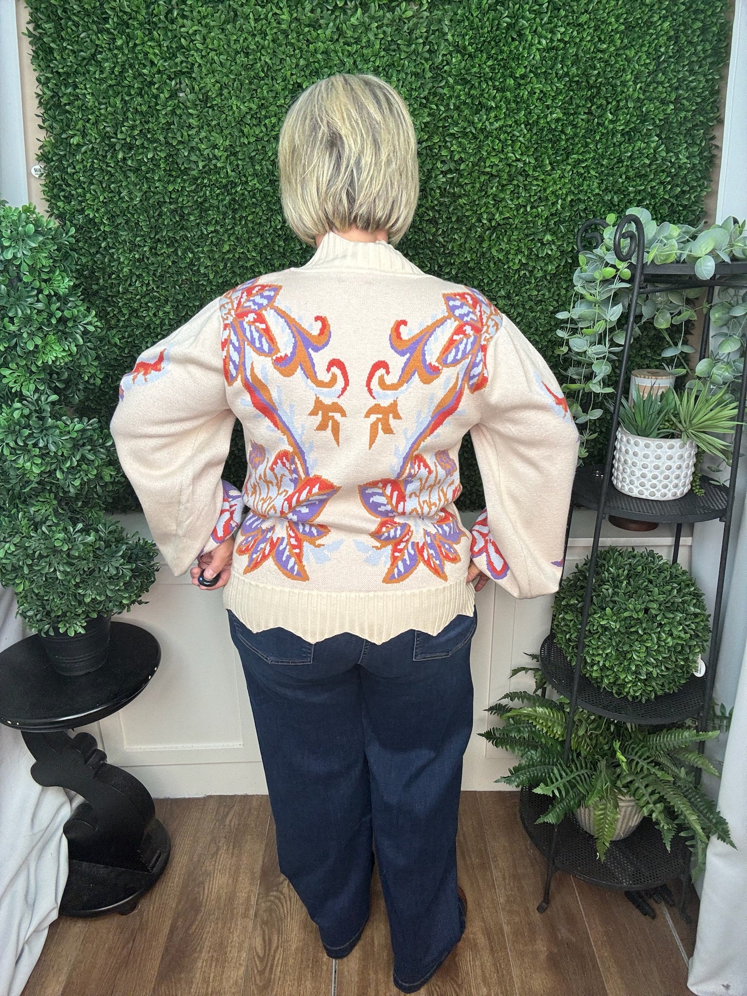 Floral & Leaf Motif Jacquard Knit Sweater with Waved Edge Detail