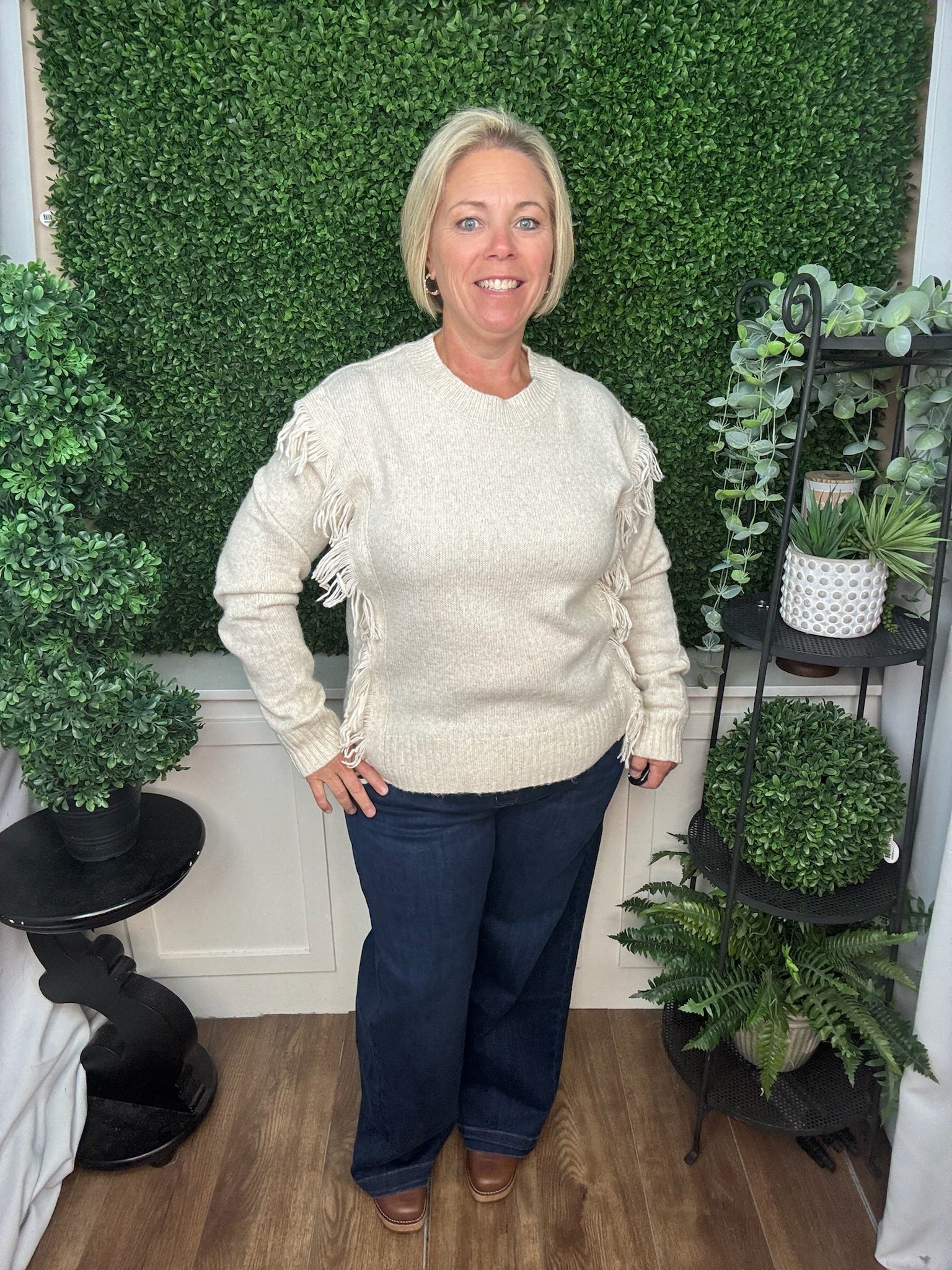 Fringe Detail Crew Neck Pullover Sweater - Oatmeal