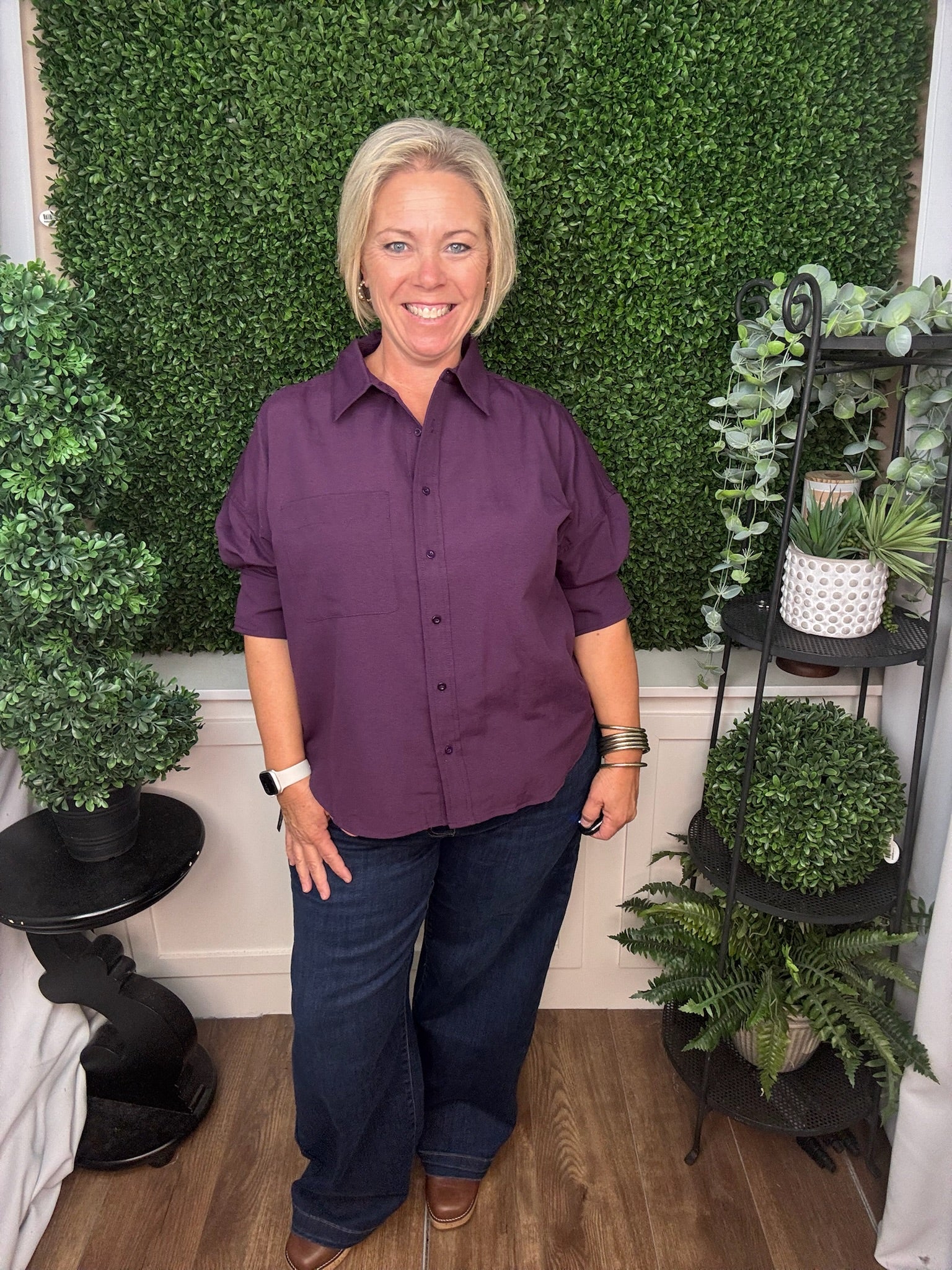 BUTTON DOWN SHORT SLEEVE SHIRT - DEEP FIG/ MIDNIGHT