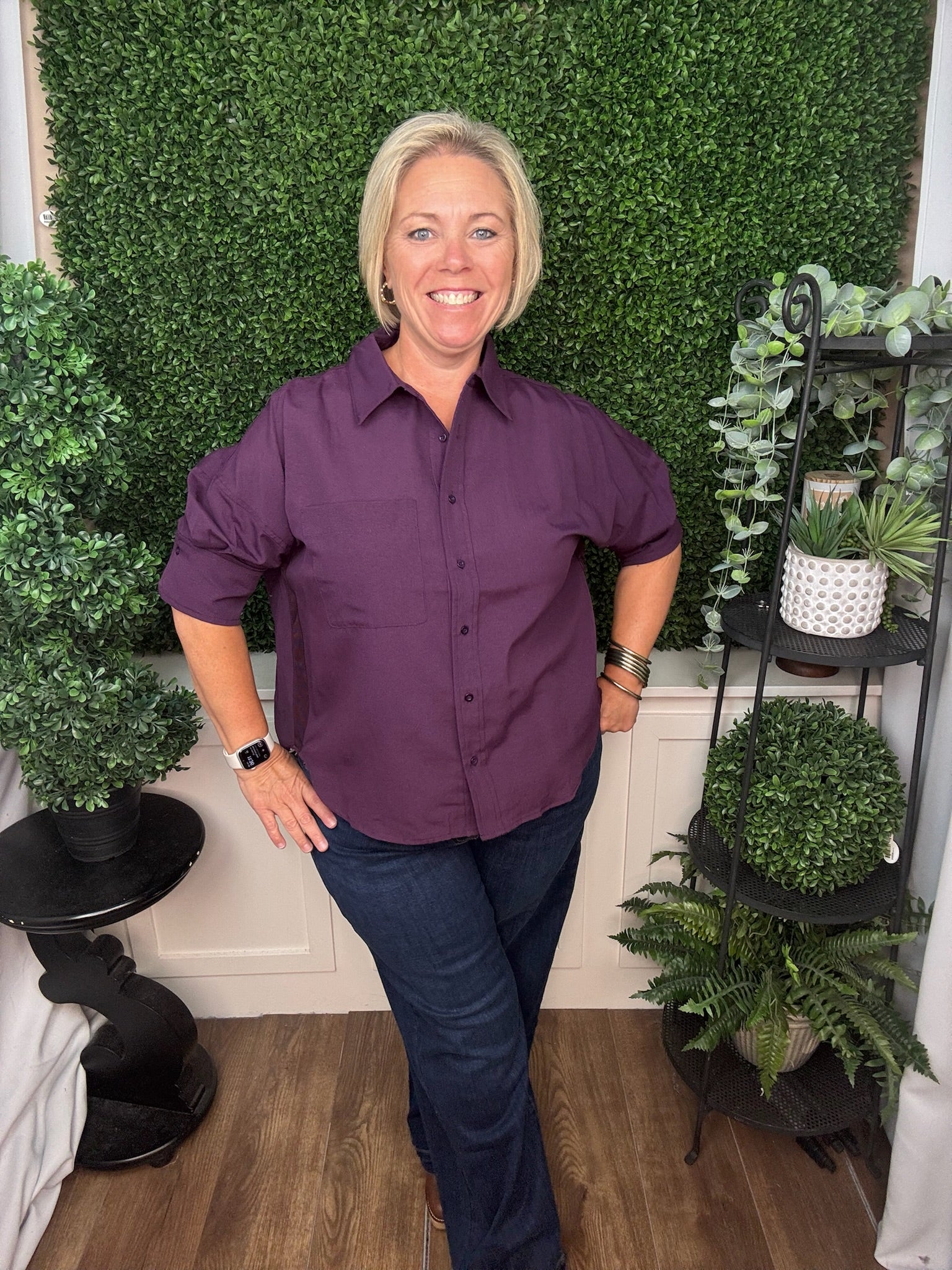 BUTTON DOWN SHORT SLEEVE SHIRT - DEEP FIG/ MIDNIGHT