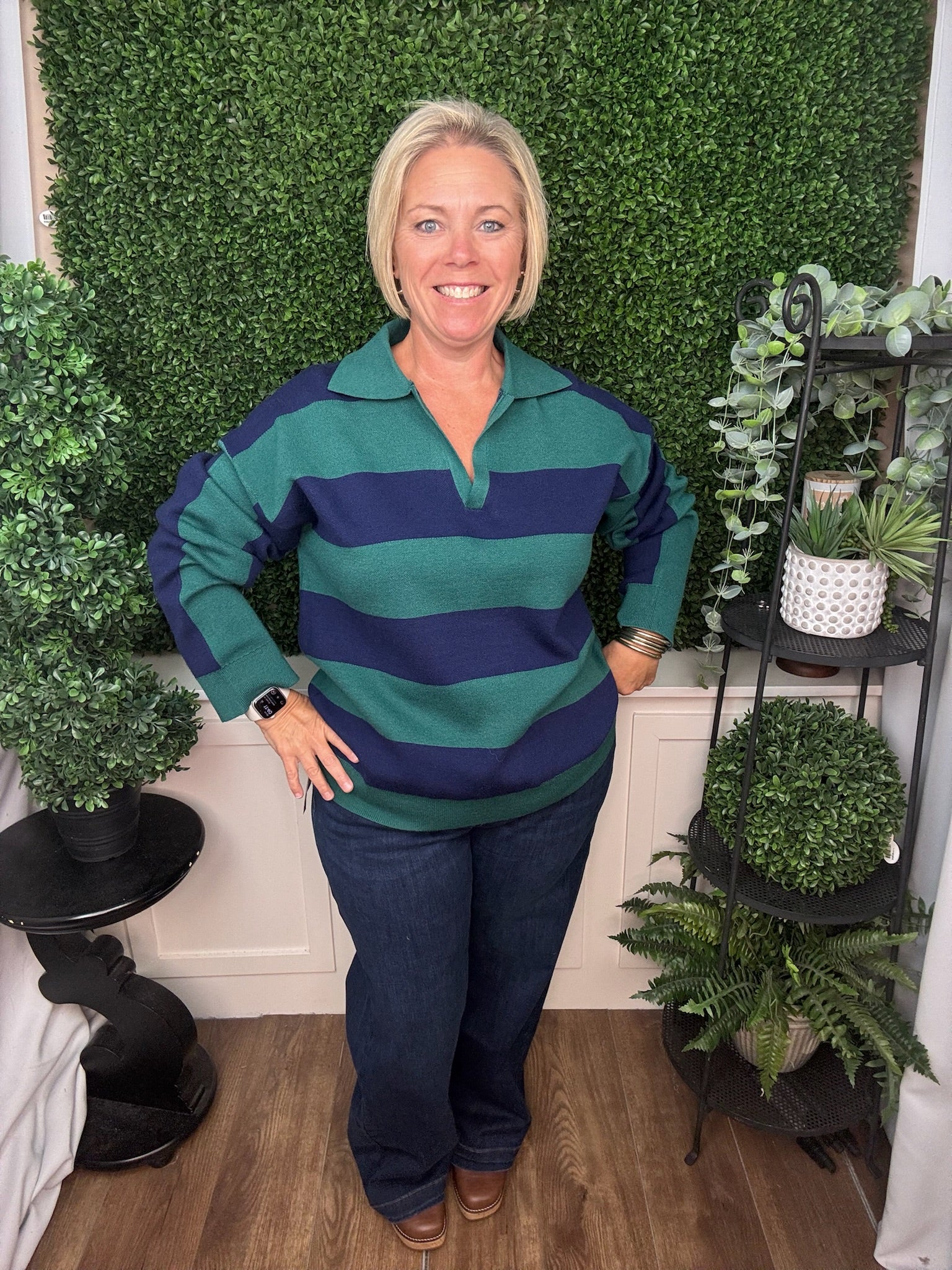 STRIPE COLLARED KNIT SWEATER - EVERGREEN NAVY