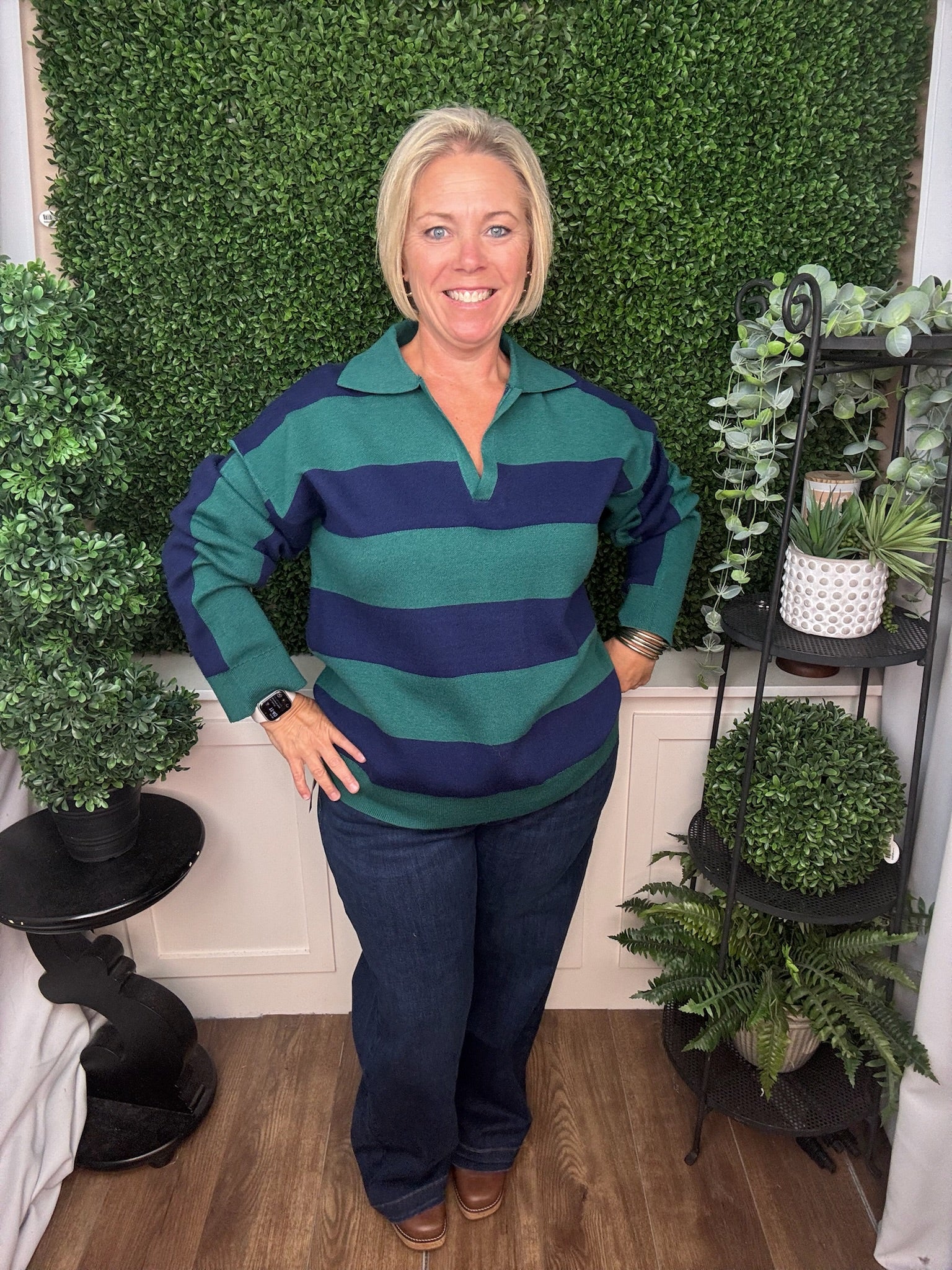 STRIPE COLLARED KNIT SWEATER - EVERGREEN NAVY