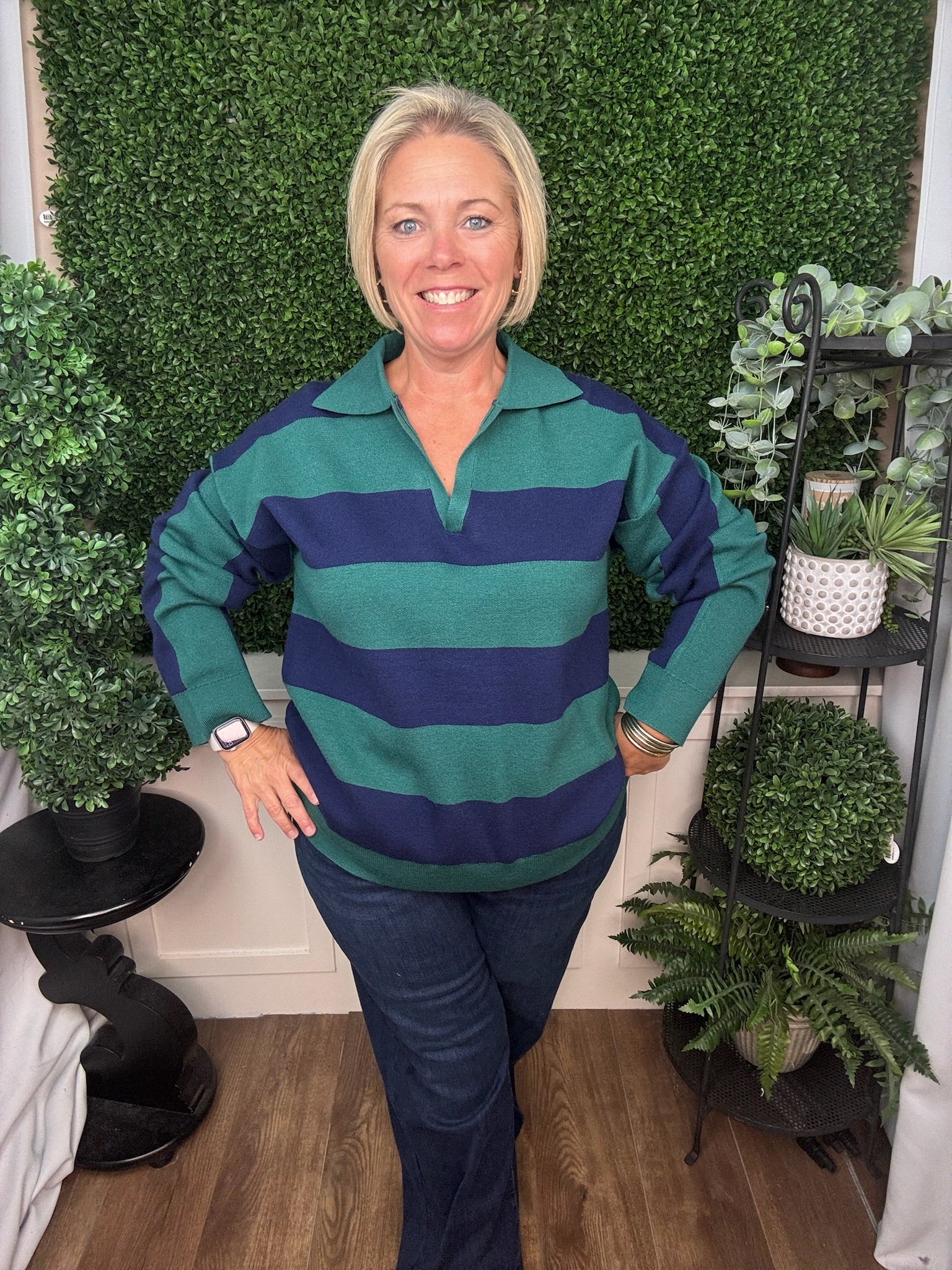 STRIPE COLLARED KNIT SWEATER - EVERGREEN NAVY