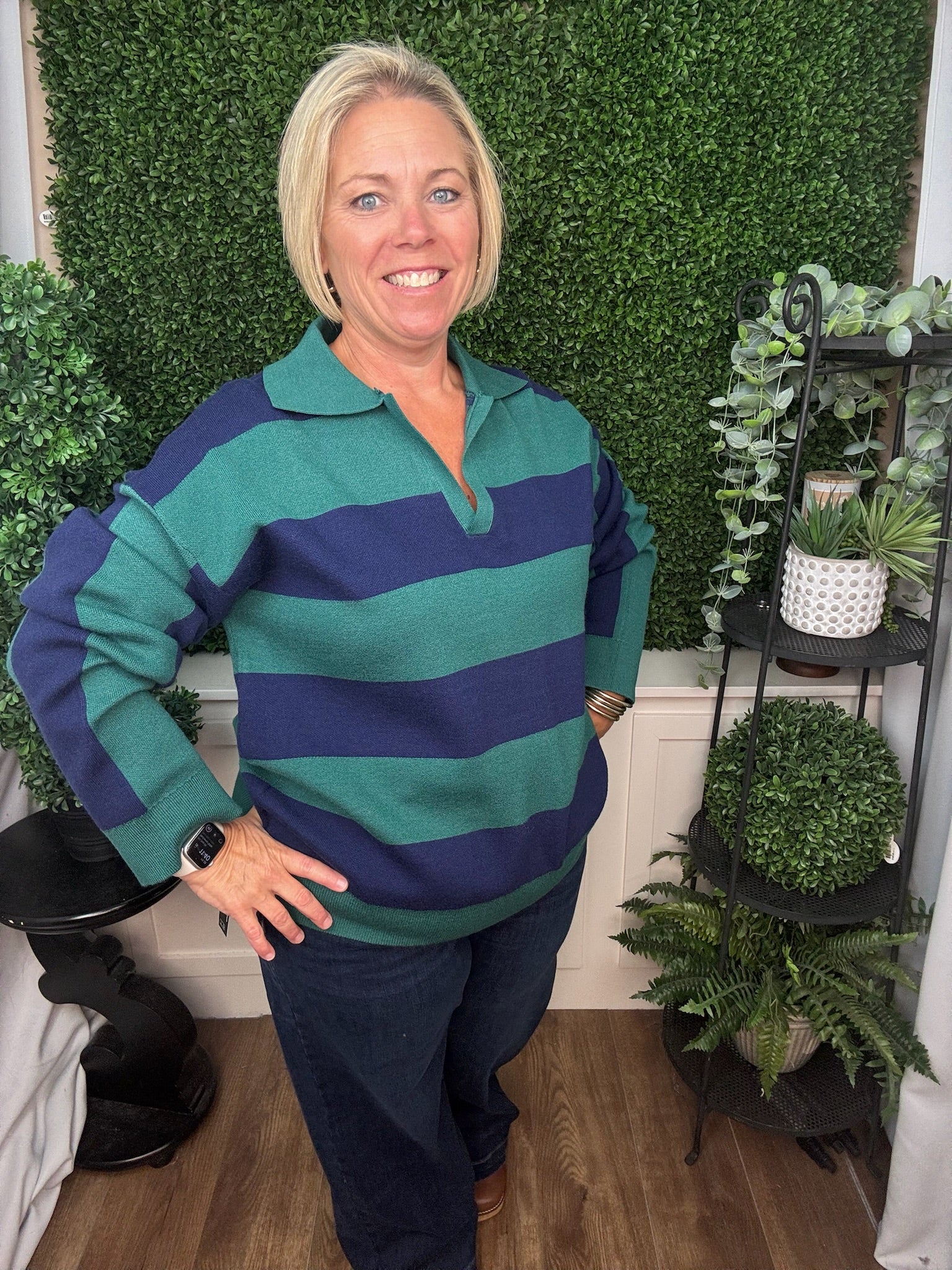 STRIPE COLLARED KNIT SWEATER - EVERGREEN NAVY