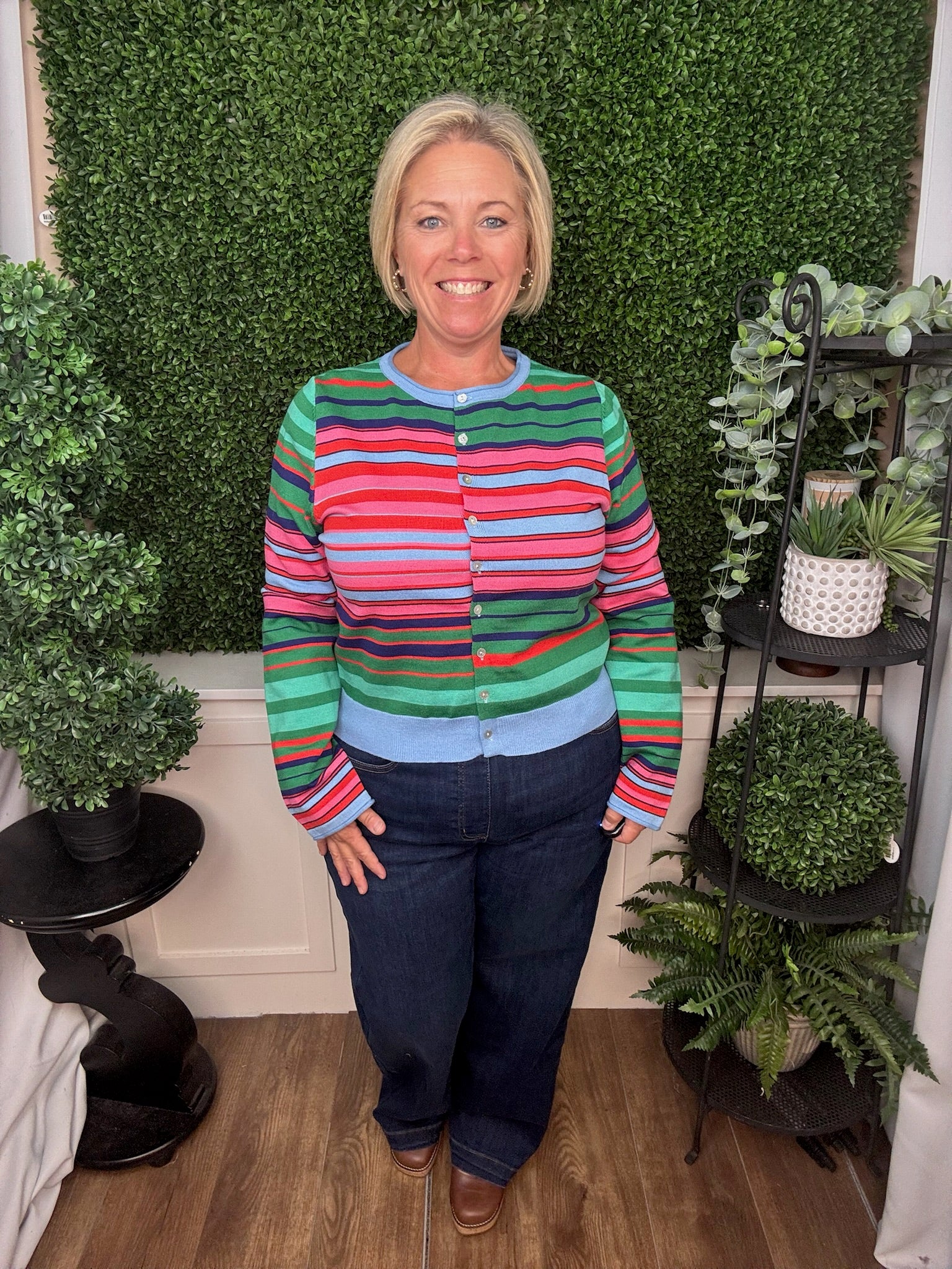 MULTICOLOR STRIPED BUTTON FRONT CREW NECK CARDIGAN - GREEN/PINK MULTI