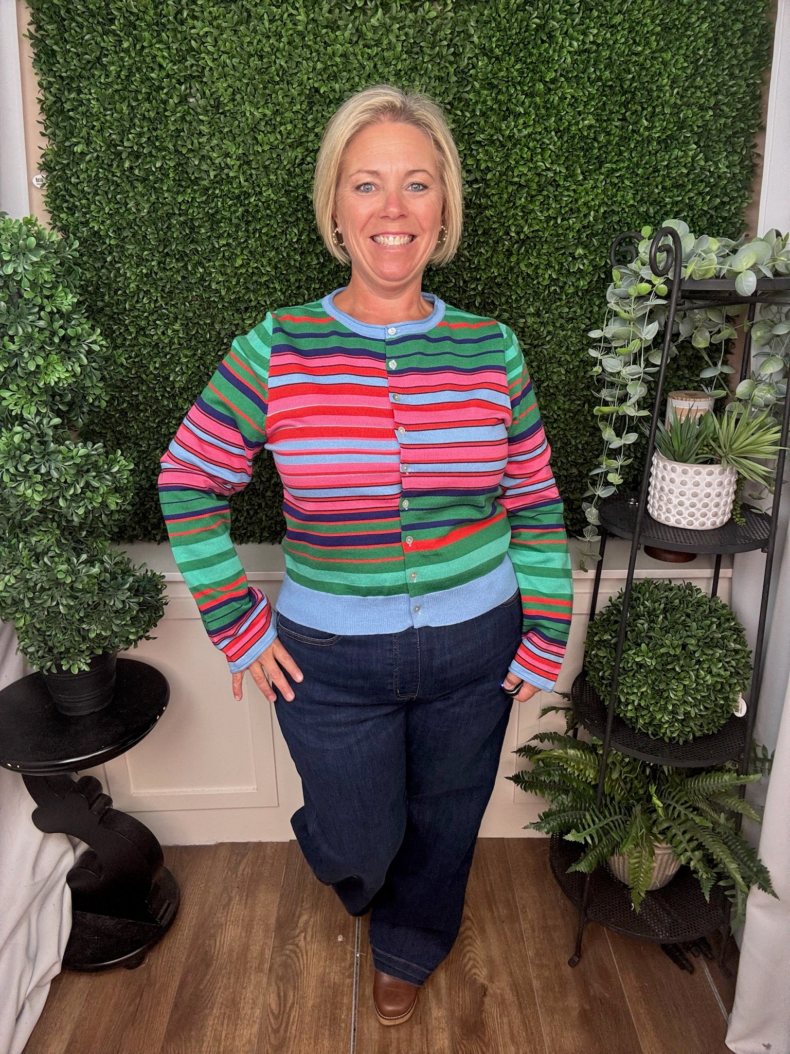 MULTICOLOR STRIPED BUTTON FRONT CREW NECK CARDIGAN - GREEN/PINK MULTI