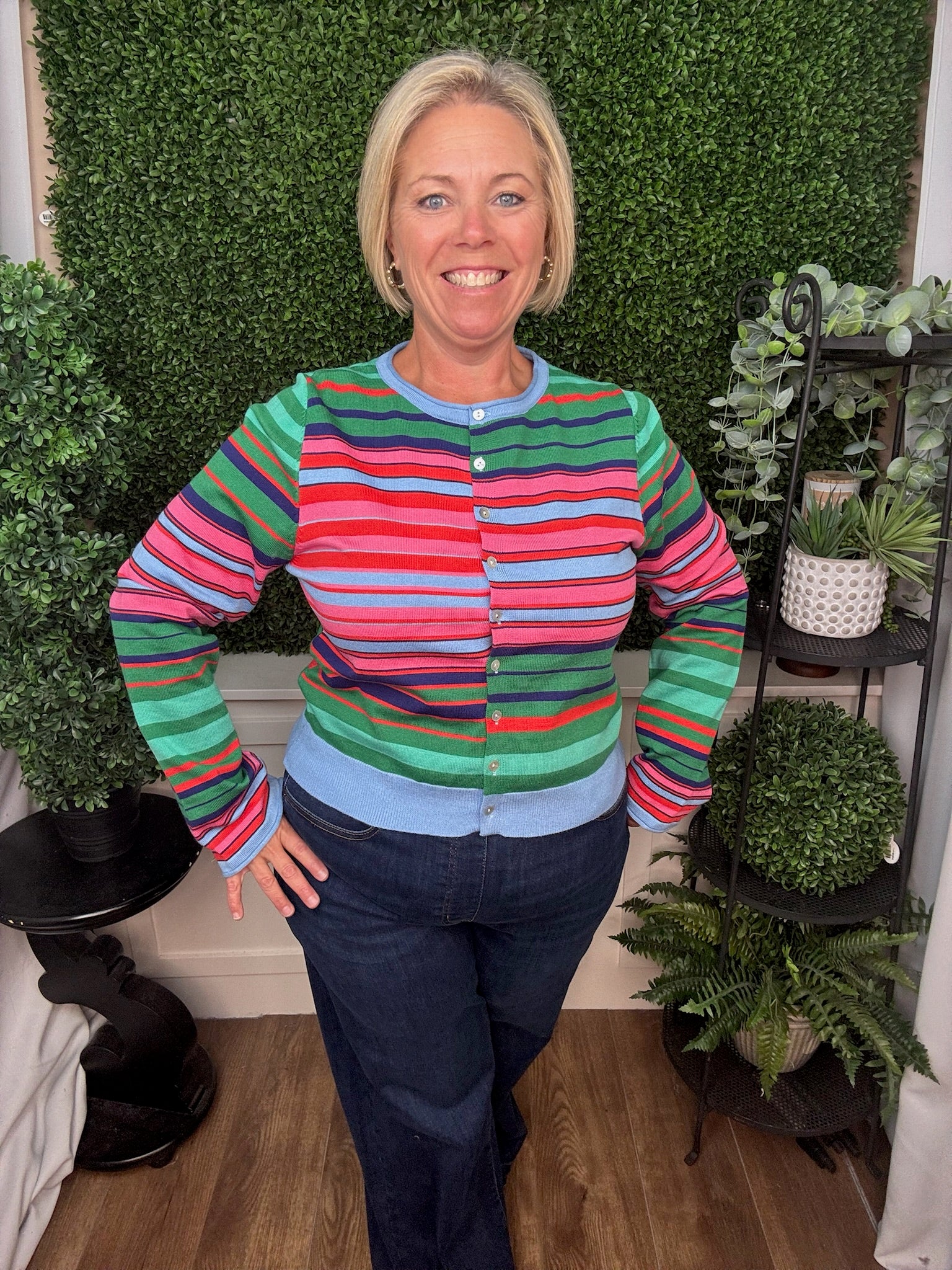 MULTICOLOR STRIPED BUTTON FRONT CREW NECK CARDIGAN - GREEN/PINK MULTI