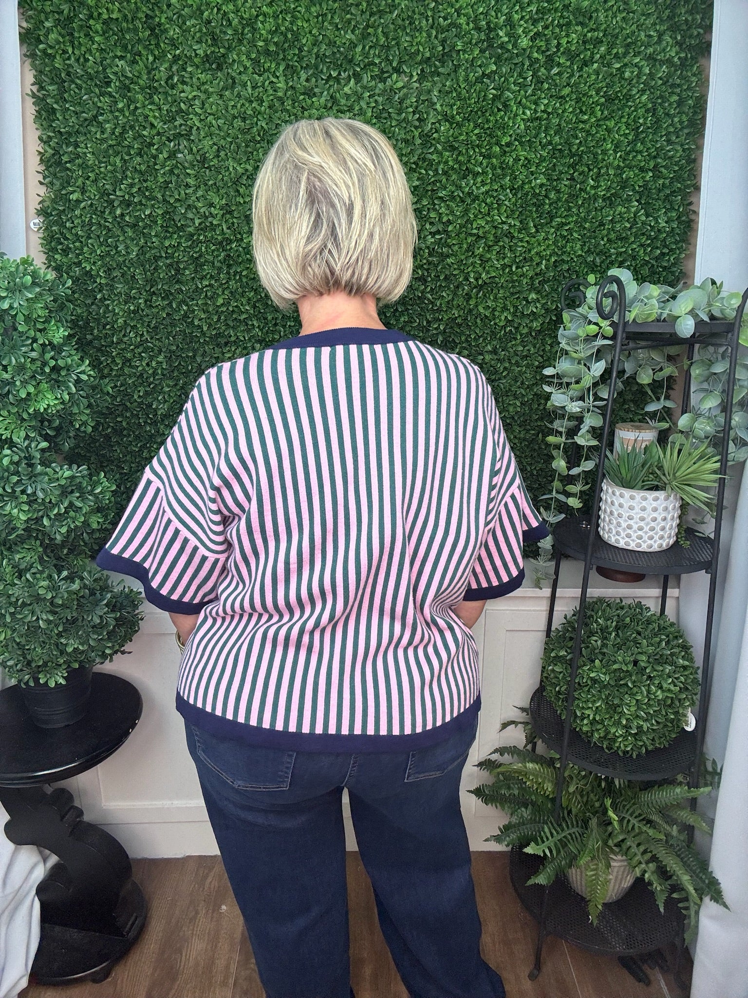 SHORT STRIPED SWEATER TOP - NAVY PINK/ RED GREEN