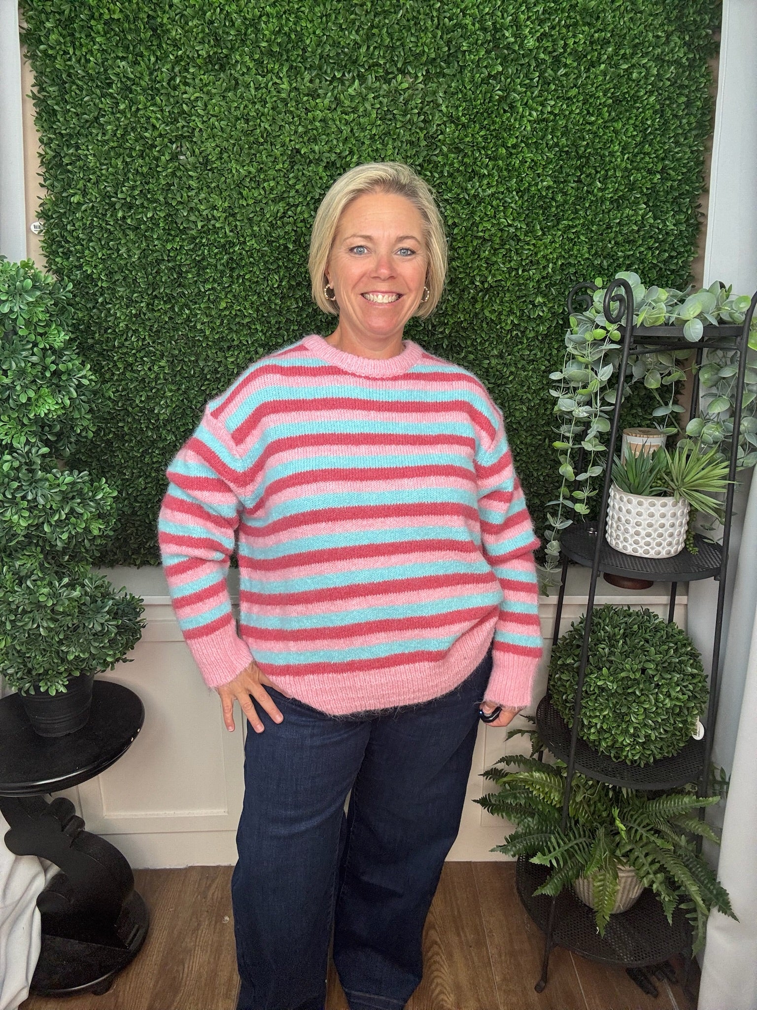 CREW NECK KNIT SWEATER - PINK MULTI STRIPE