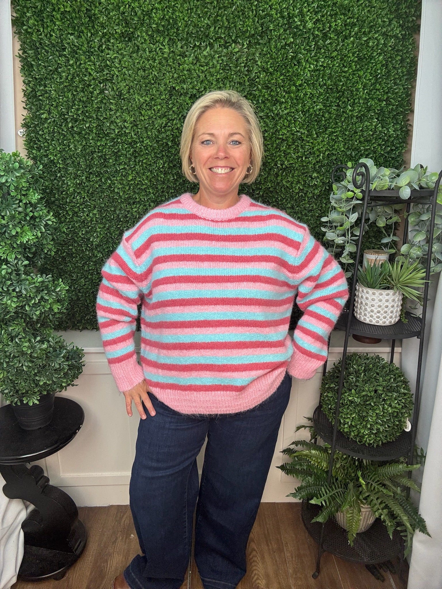 CREW NECK KNIT SWEATER - PINK MULTI STRIPE