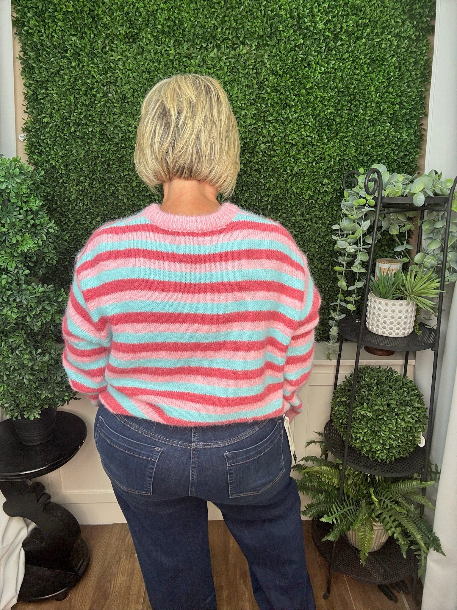CREW NECK KNIT SWEATER - PINK MULTI STRIPE