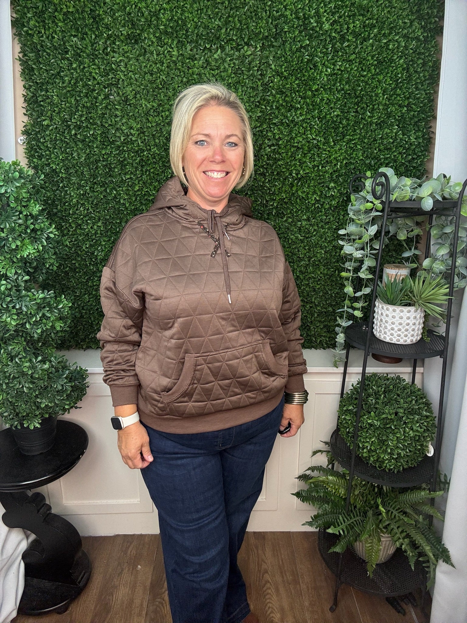 Quilted Hoodie Pullover with Contrast Floral Detail