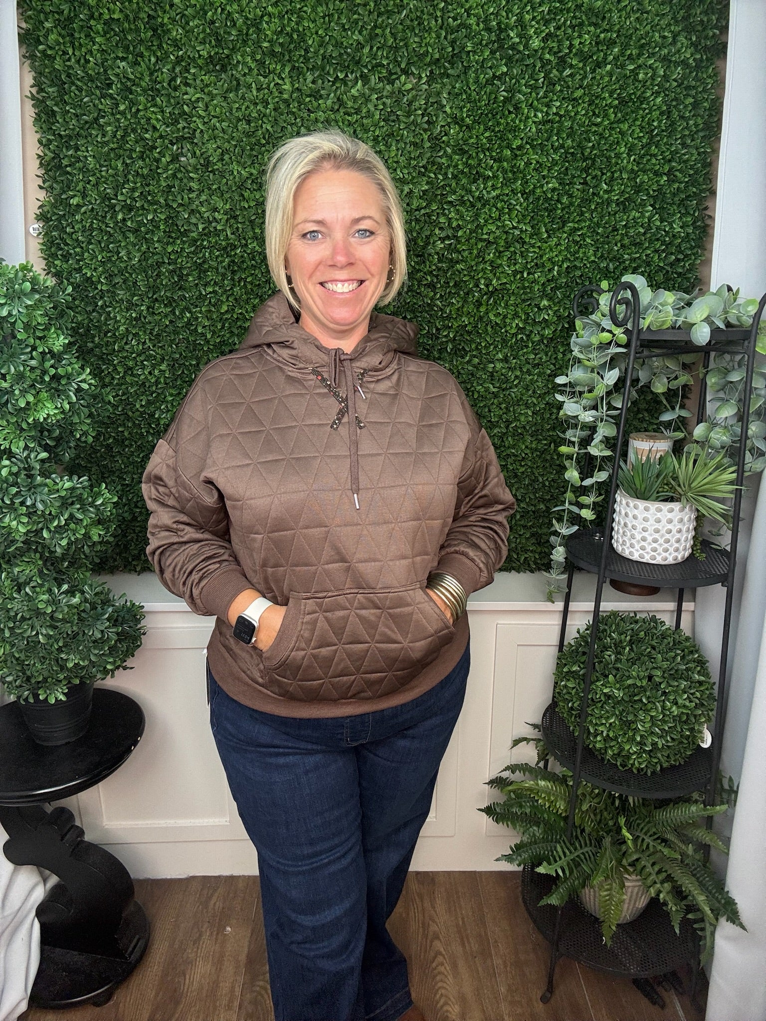 Quilted Hoodie Pullover with Contrast Floral Detail