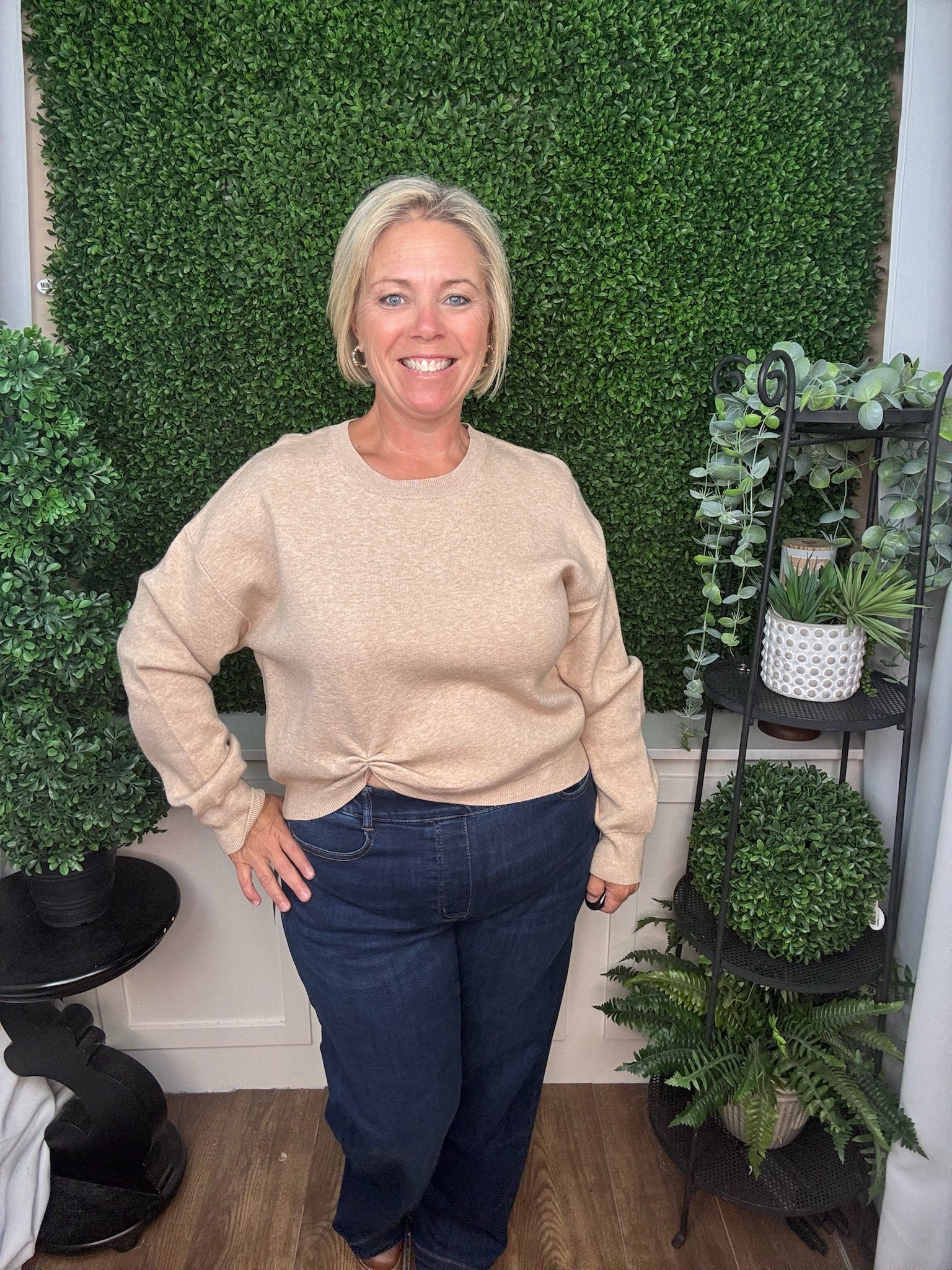 LONG SLEEVE CREW NECK KNIT SWEATER WITH RUCHED FRONT DETAIL - CHAMPAGNE/MAUVE