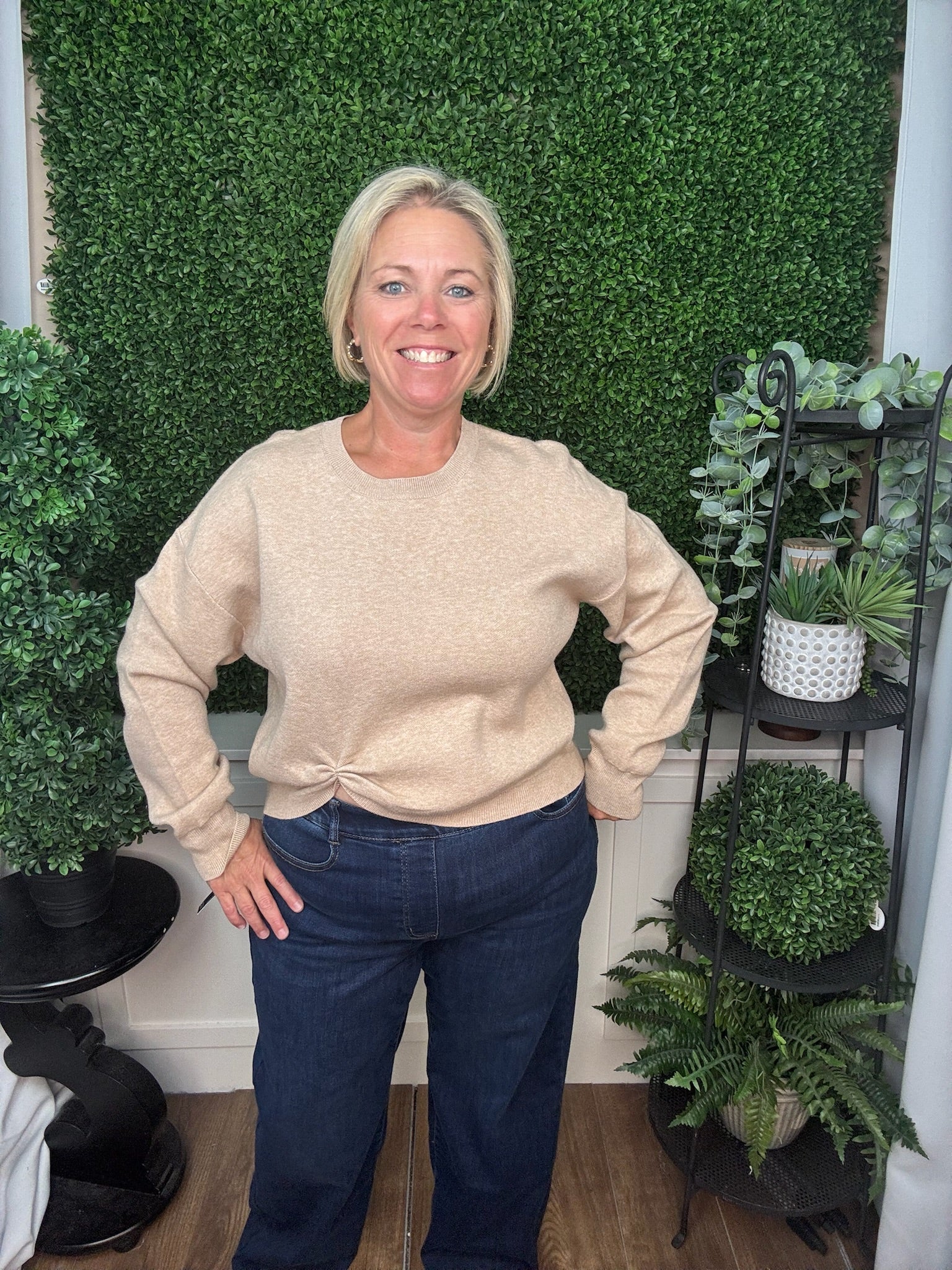 LONG SLEEVE CREW NECK KNIT SWEATER WITH RUCHED FRONT DETAIL - CHAMPAGNE/MAUVE