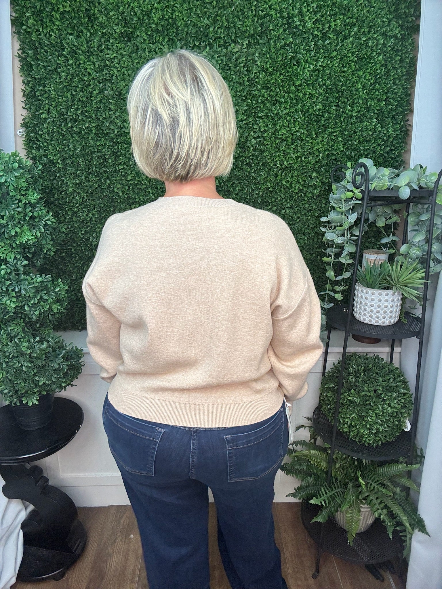 LONG SLEEVE CREW NECK KNIT SWEATER WITH RUCHED FRONT DETAIL - CHAMPAGNE/MAUVE
