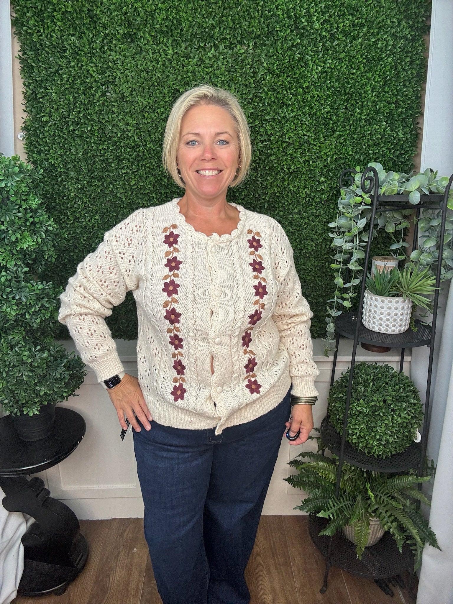 FLORAL EMBROIDERED OPEN KNIT CARDIGAN - CREAM