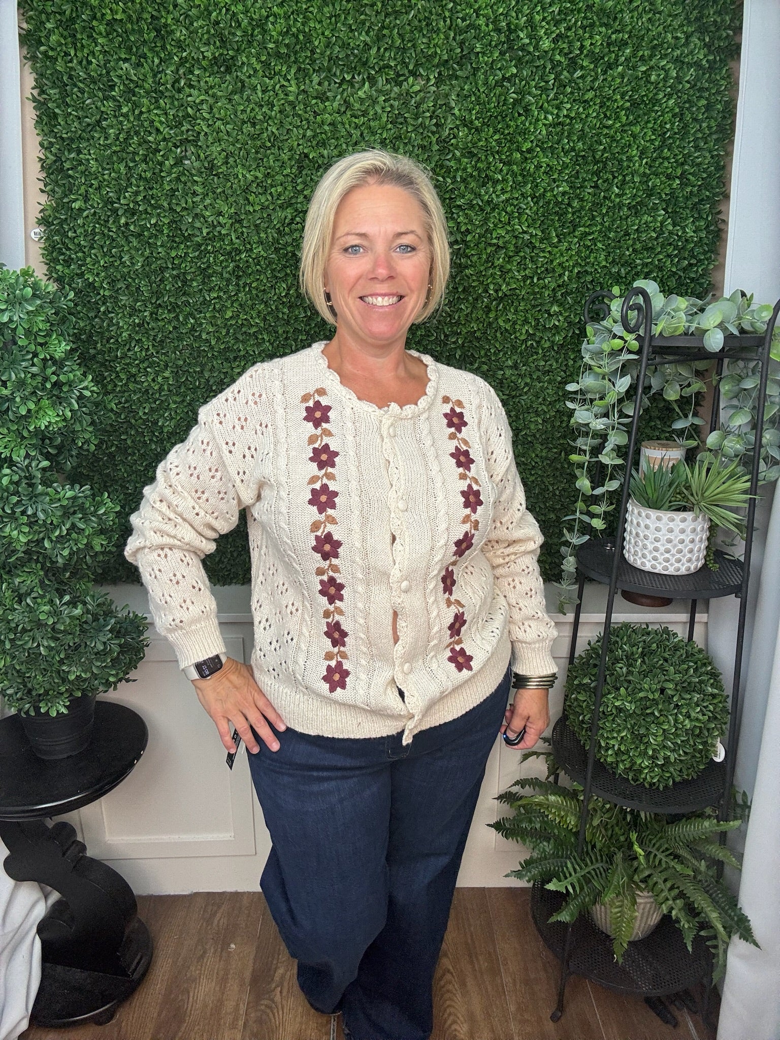 FLORAL EMBROIDERED OPEN KNIT CARDIGAN - CREAM