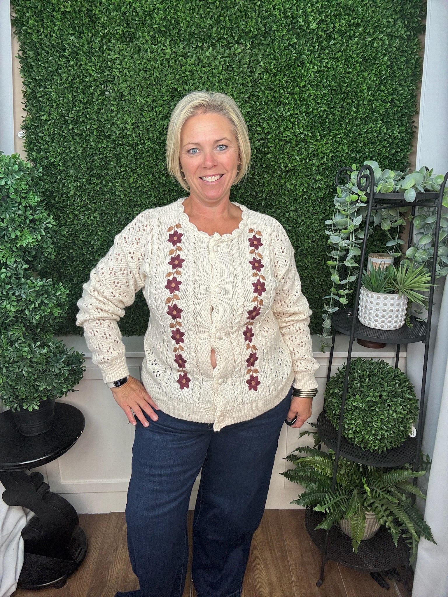 FLORAL EMBROIDERED OPEN KNIT CARDIGAN - CREAM