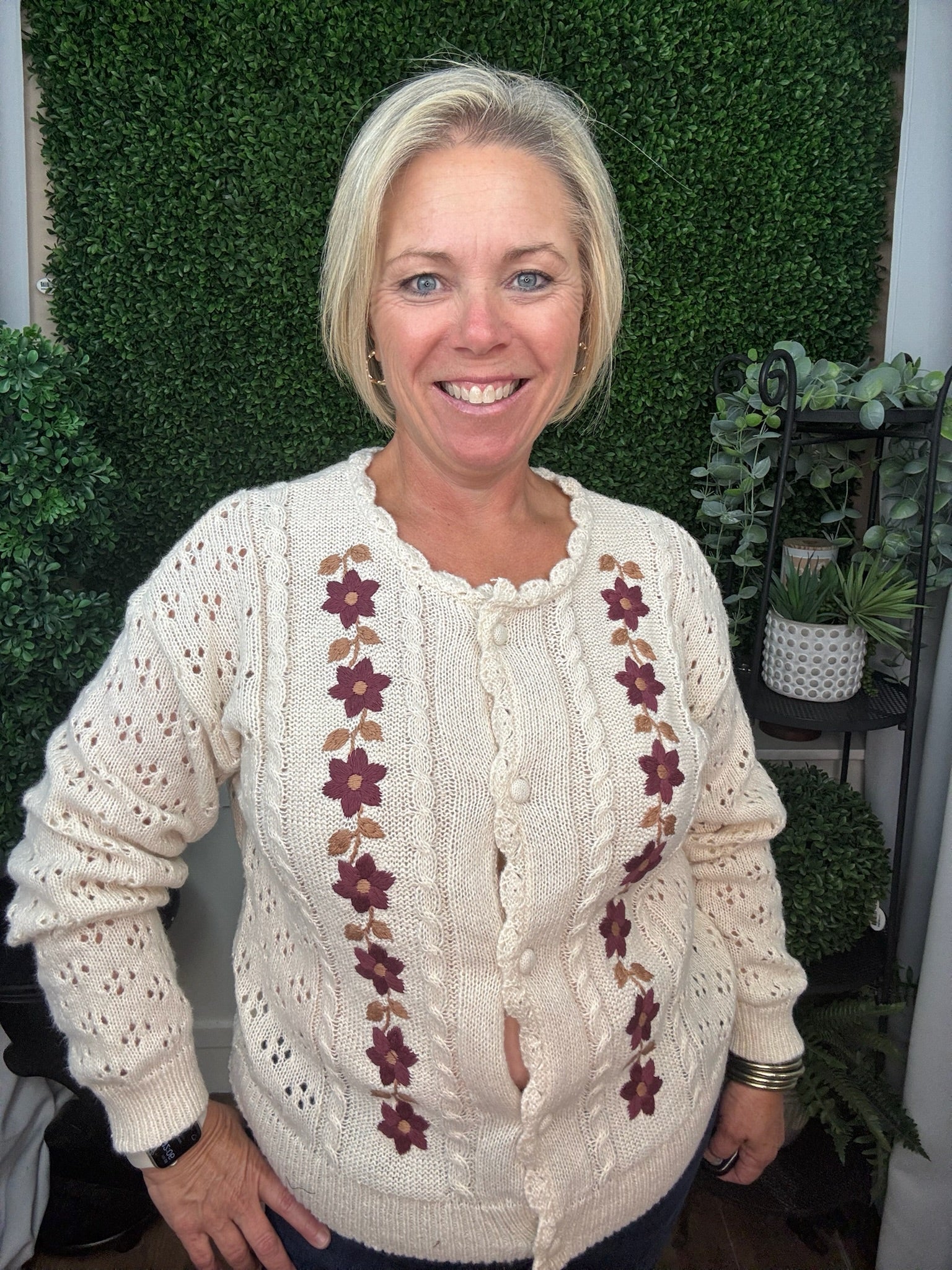 FLORAL EMBROIDERED OPEN KNIT CARDIGAN - CREAM