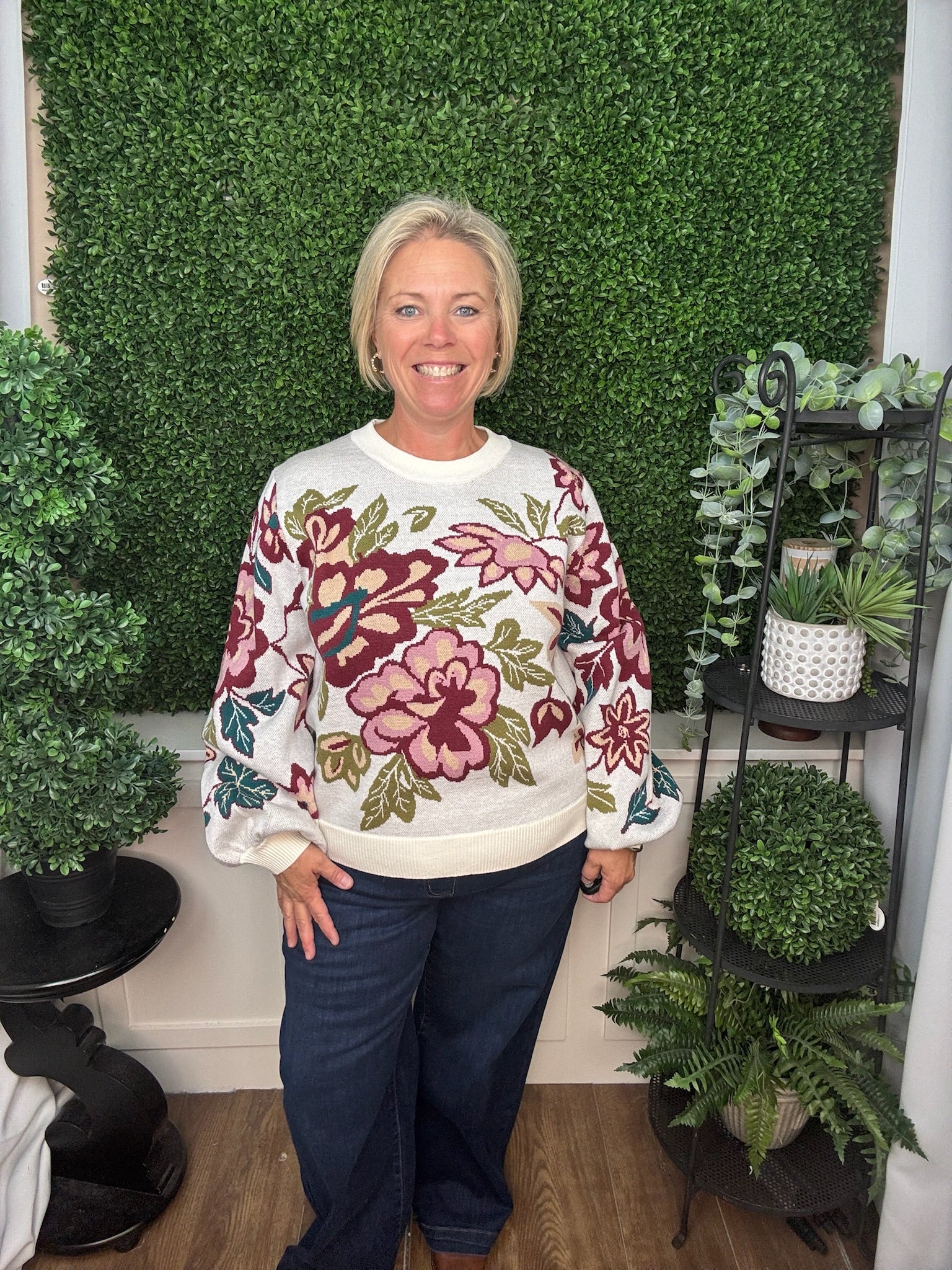 Bold Floral Jacquard Knit Crewneck Sweater