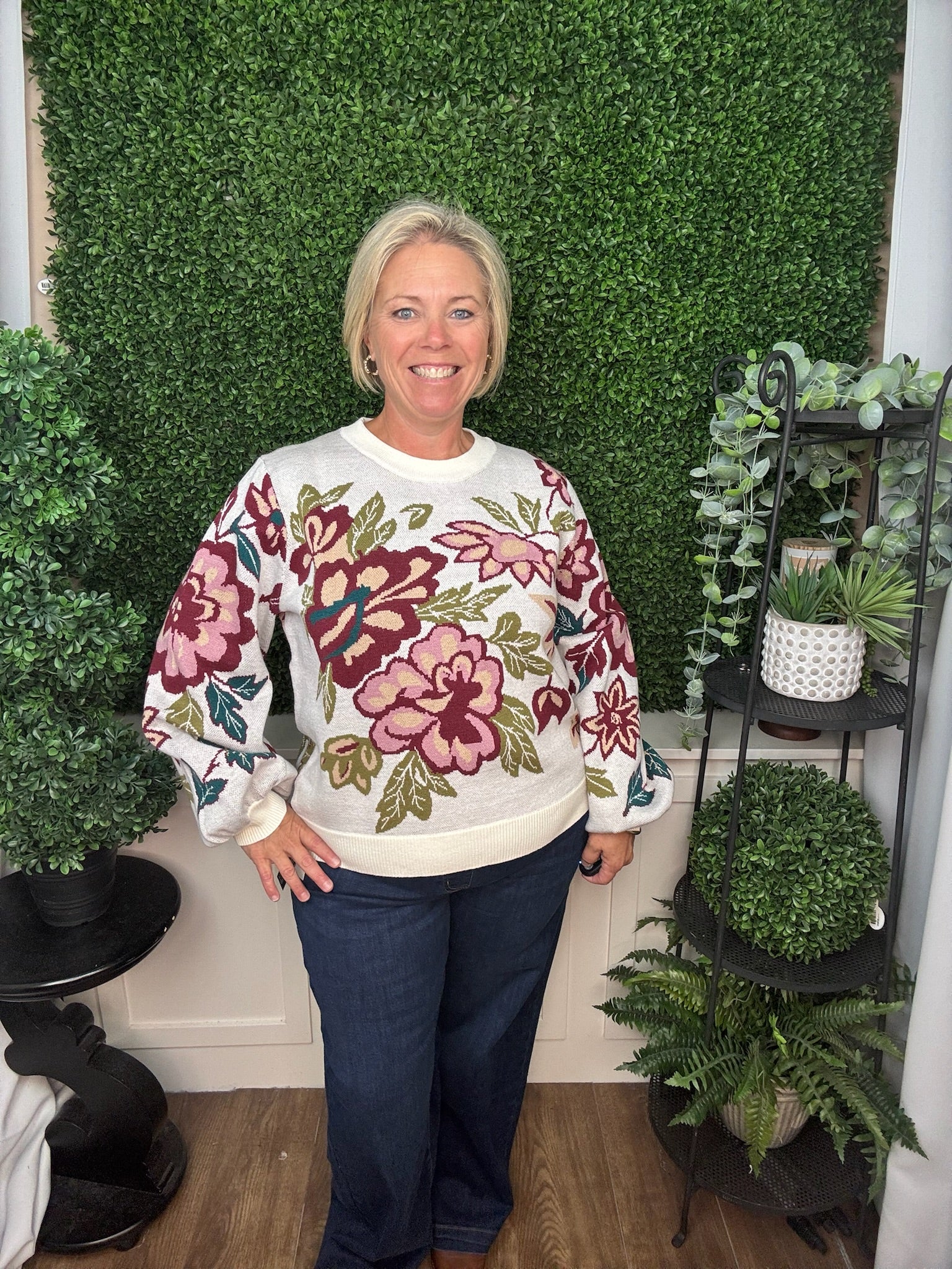 Bold Floral Jacquard Knit Crewneck Sweater
