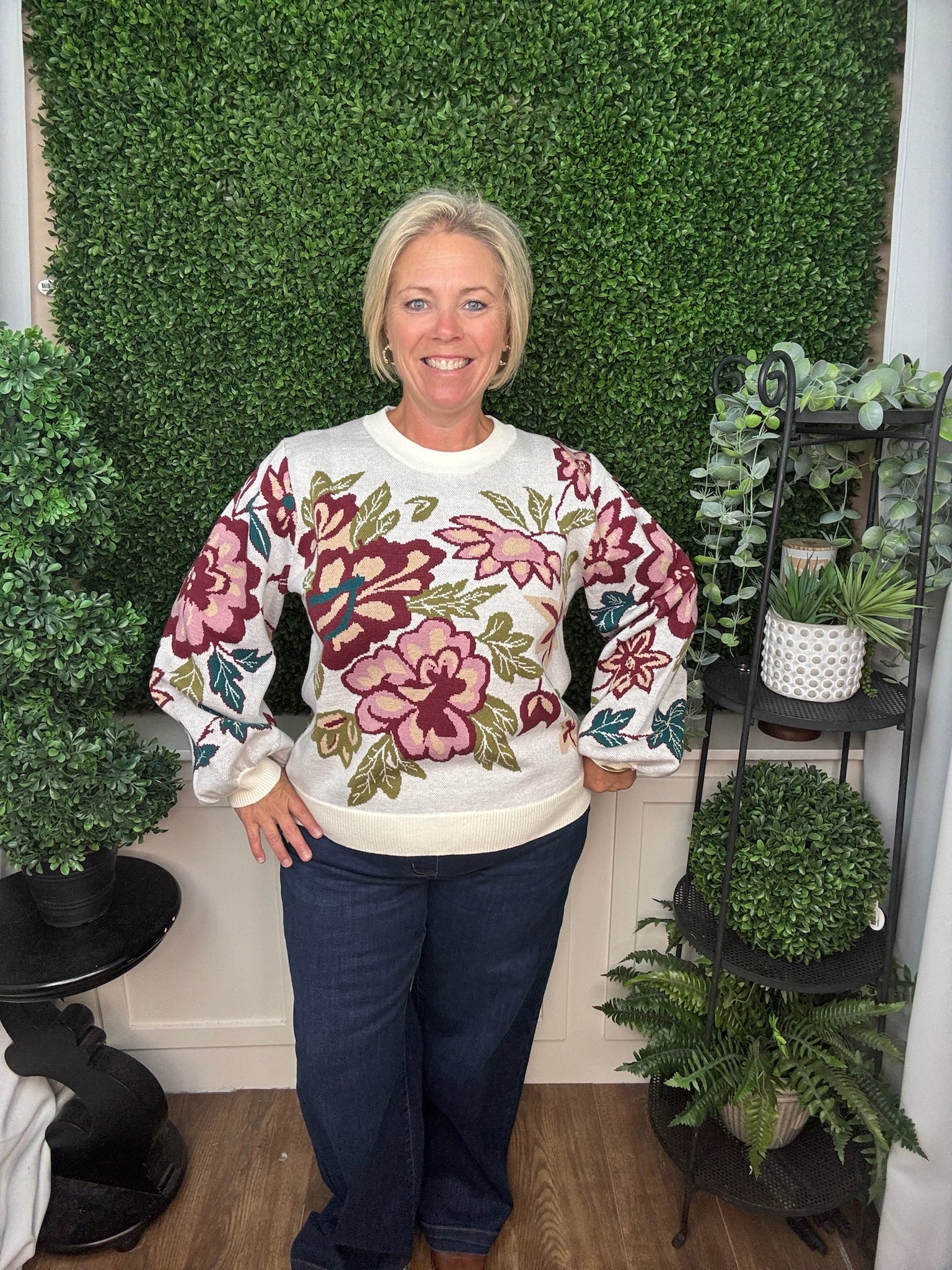 Bold Floral Jacquard Knit Crewneck Sweater