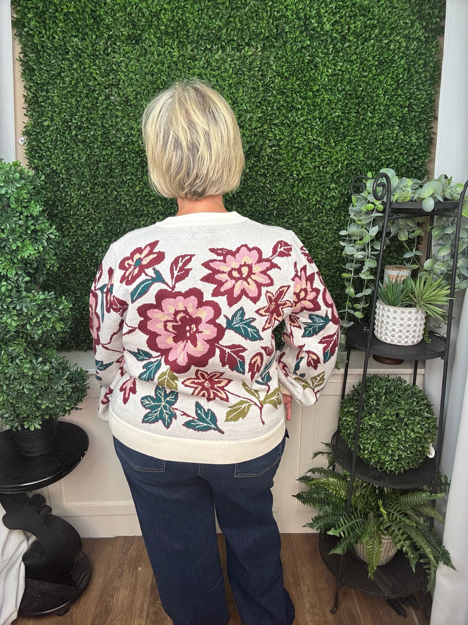 Bold Floral Jacquard Knit Crewneck Sweater