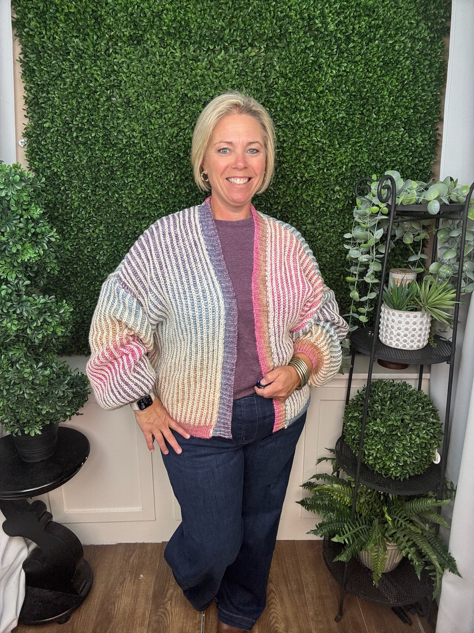 LONG-SLEEVE OPEN FRONT CARDIGAN - VIBRANT RAINBOW COLORWAY