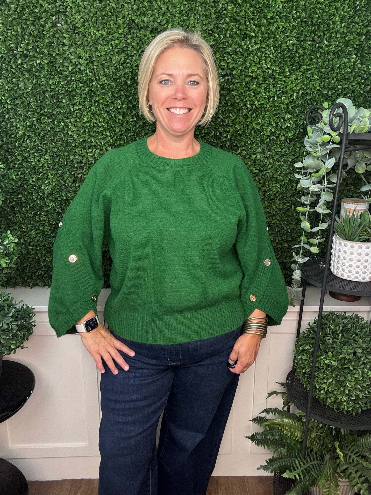 CREW NECK LONG SLEEVE KNIT SWEATER WITH BUTTON CUFF DETAIL - PINE