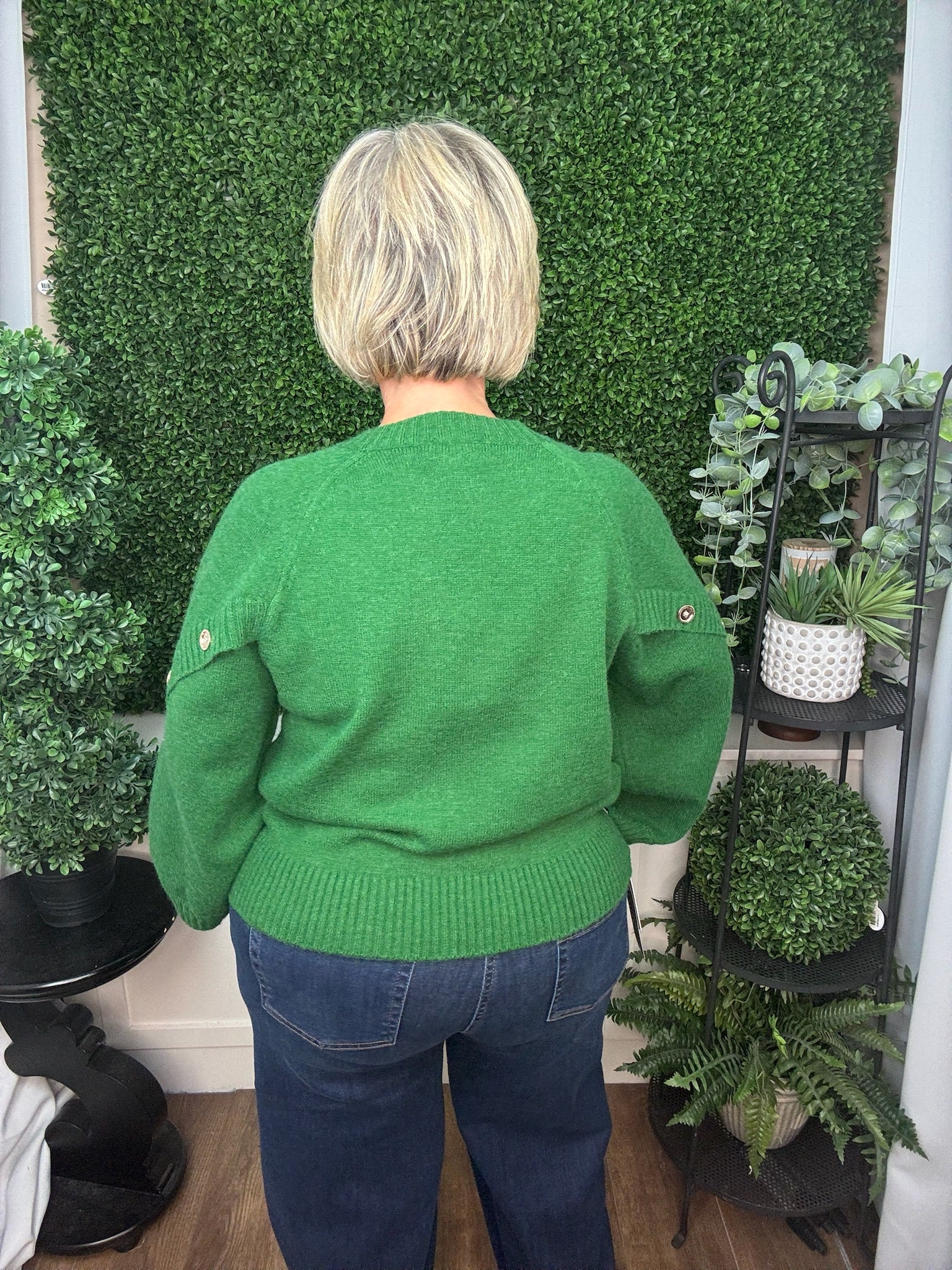 CREW NECK LONG SLEEVE KNIT SWEATER WITH BUTTON CUFF DETAIL - PINE