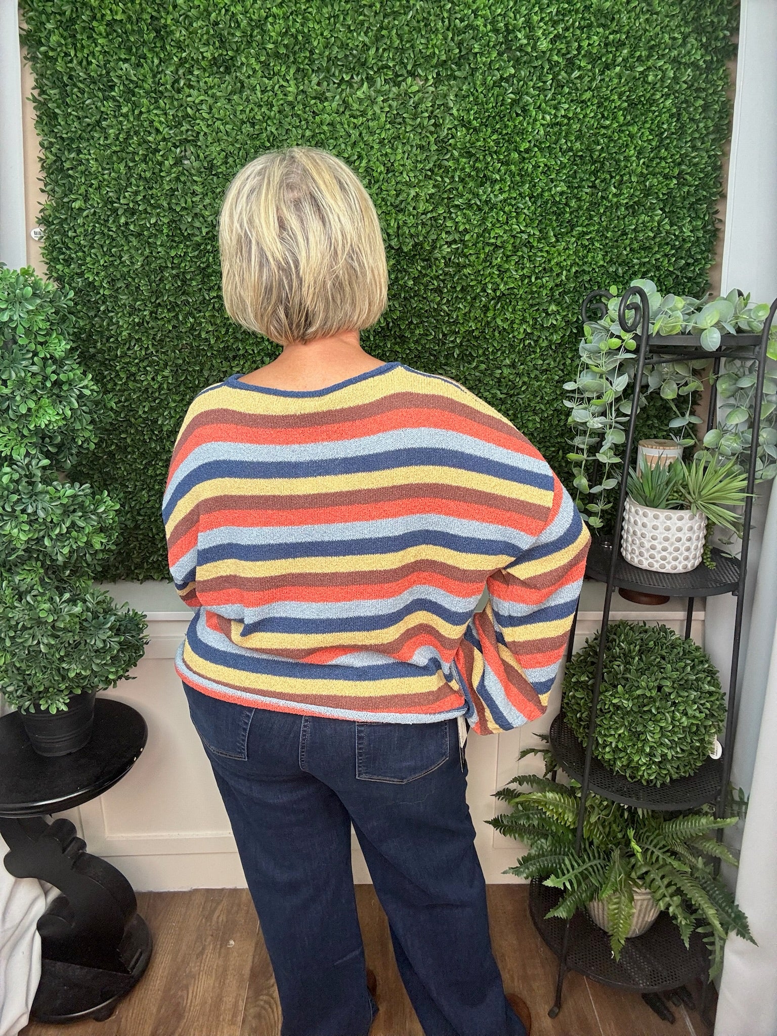 MULTICOLOR STRIPED CREW NECK KNIT SWEATER - CORAL MULTI