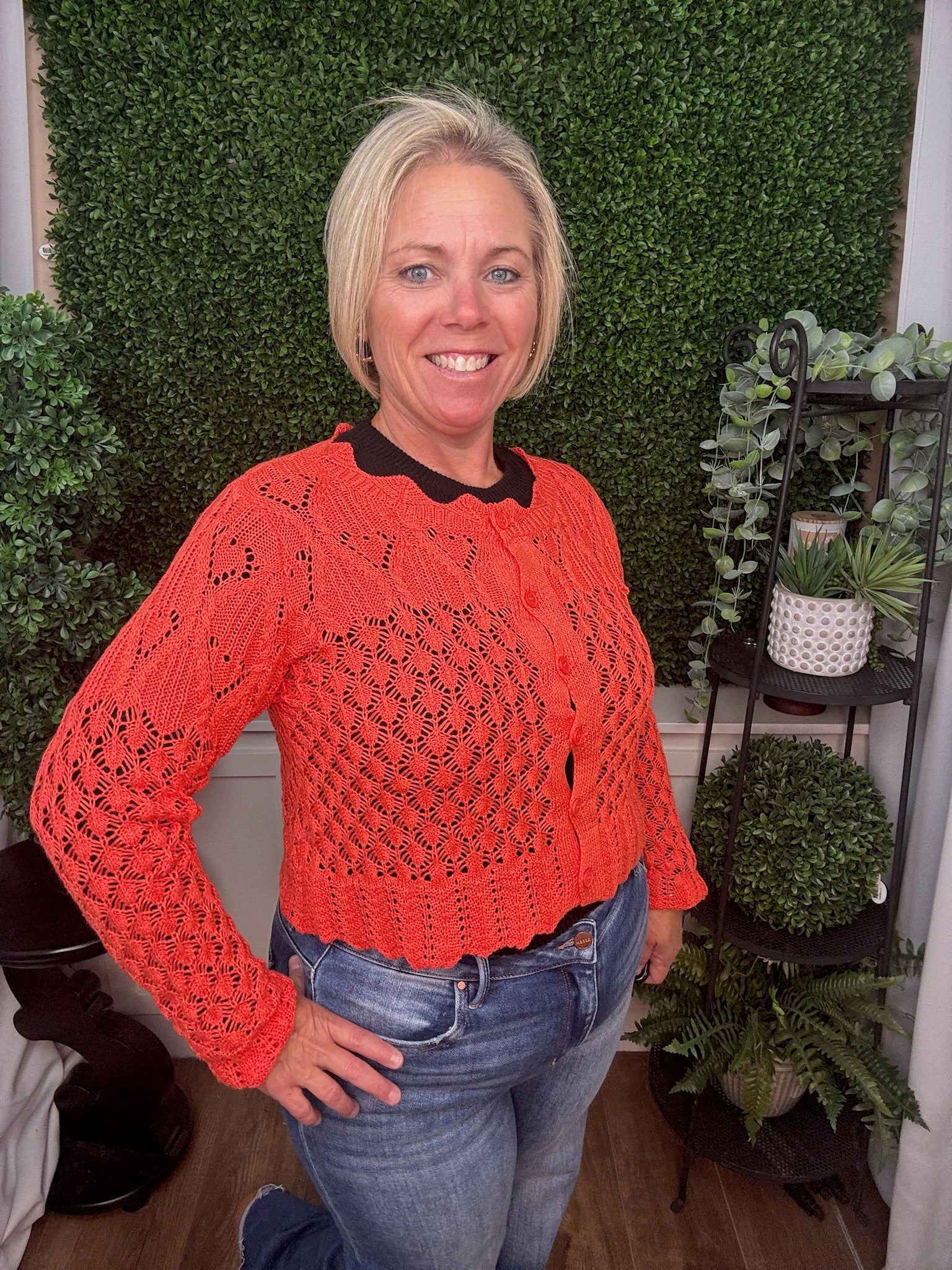 Scallop Collar Cable Knit Button-Up Cardigan - Coral