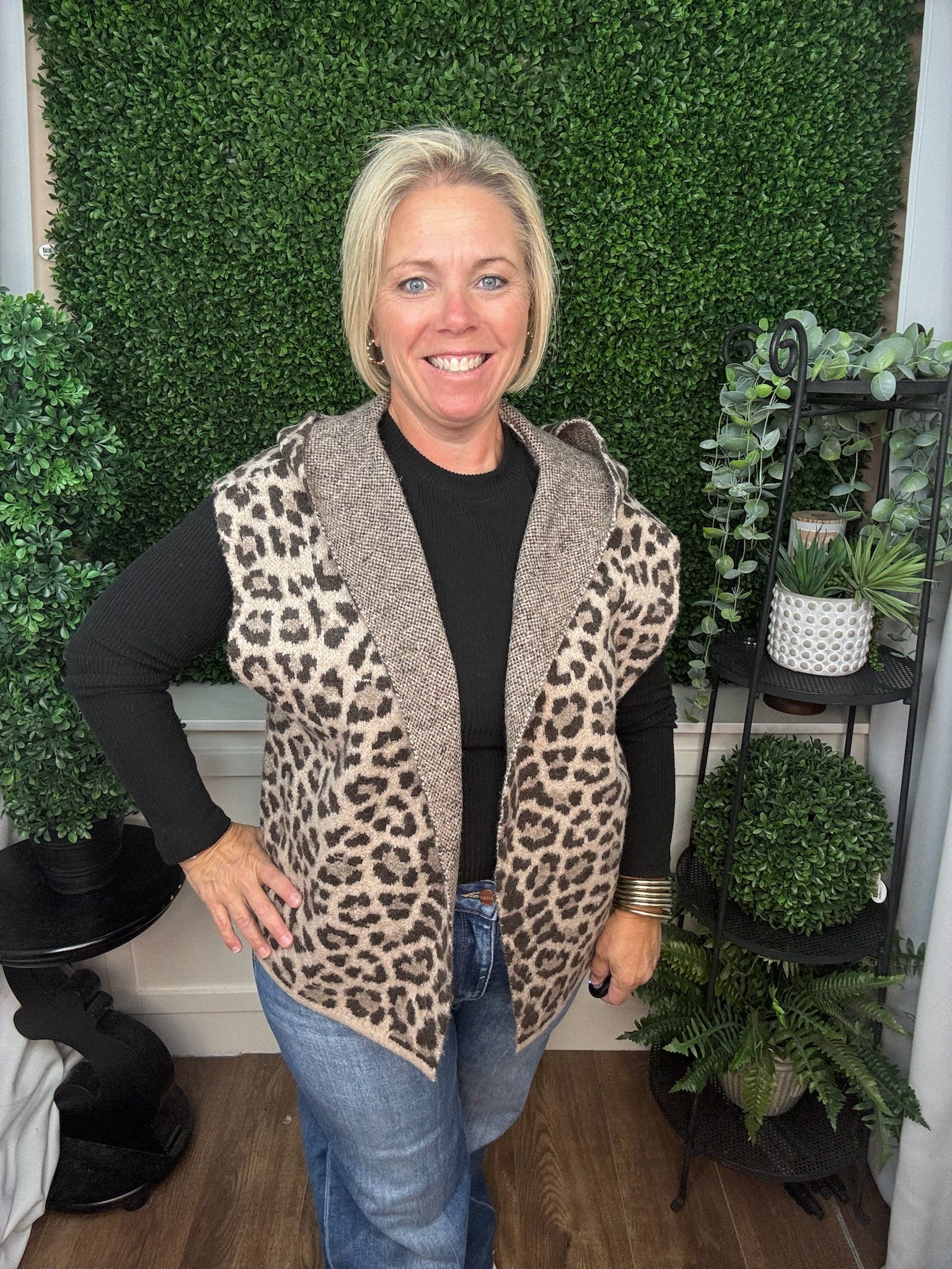 Leopard Jacquard Hooded Open Front Vest