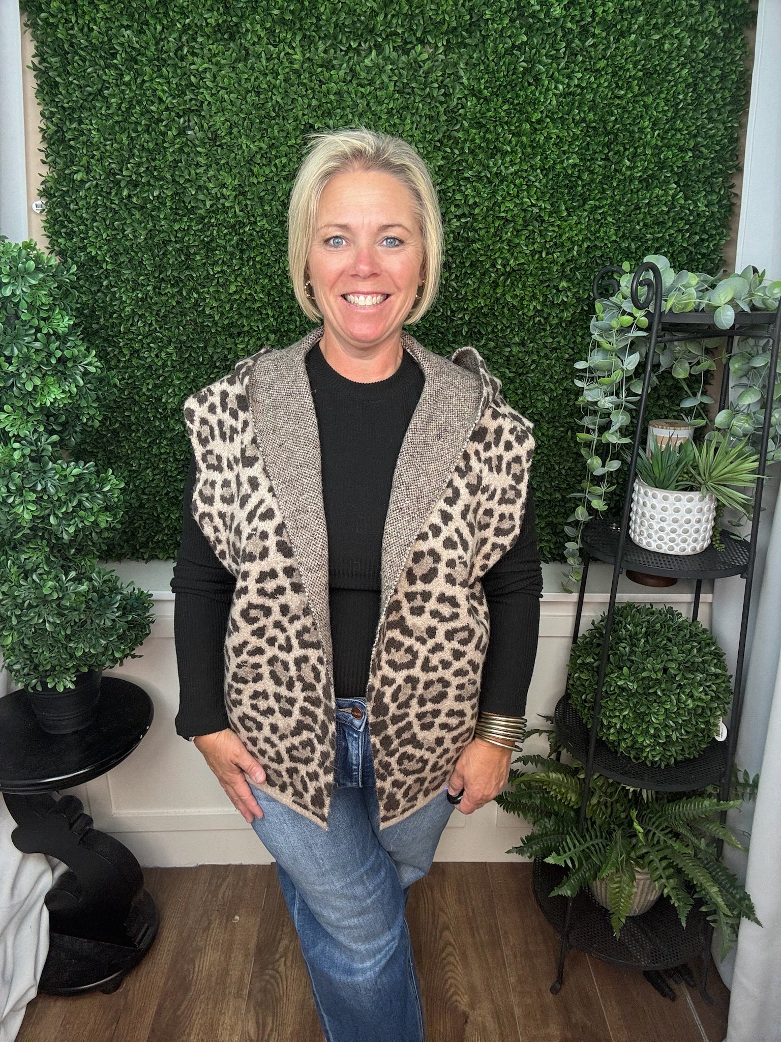 Leopard Jacquard Hooded Open Front Vest