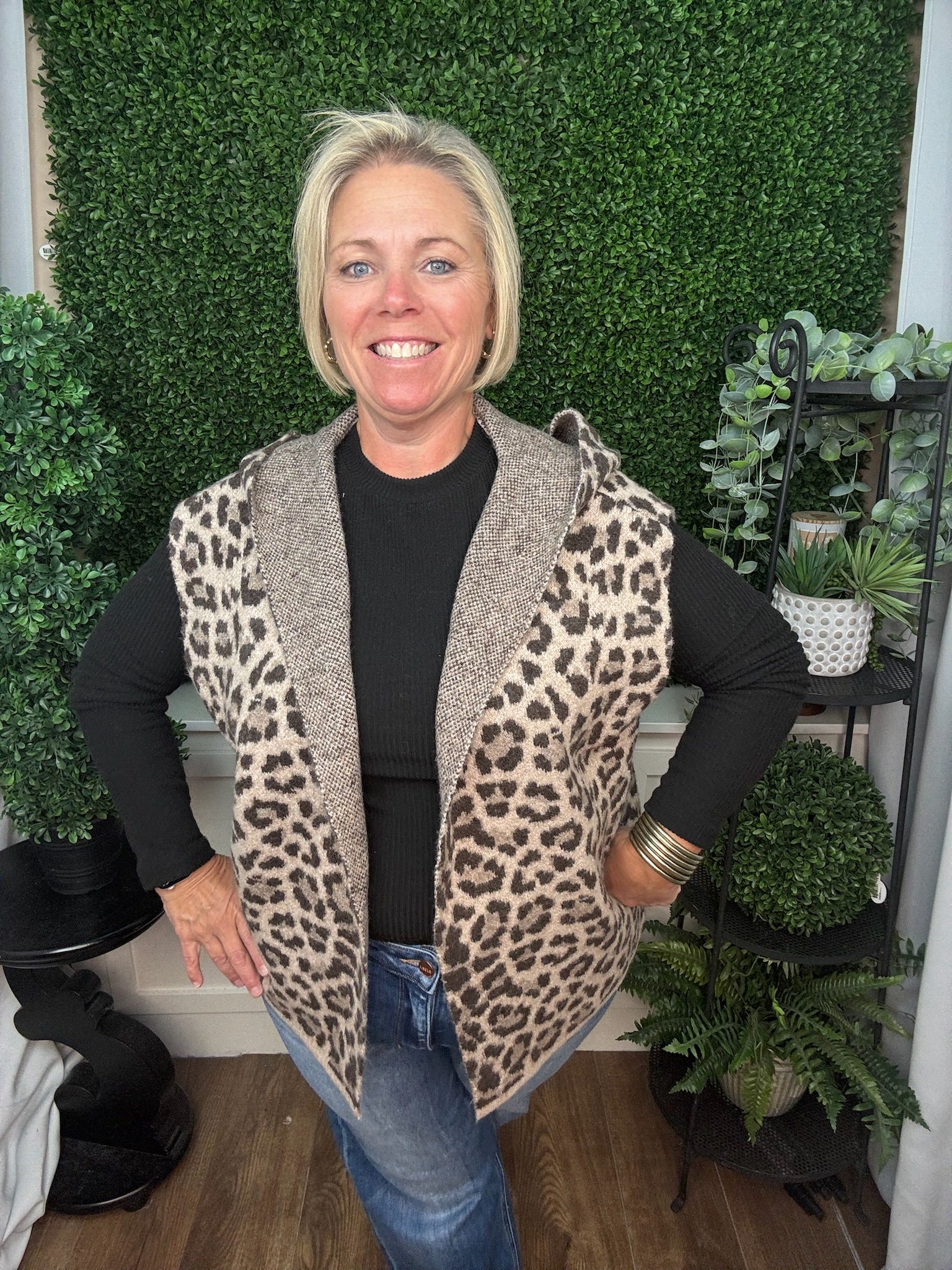 Leopard Jacquard Hooded Open Front Vest