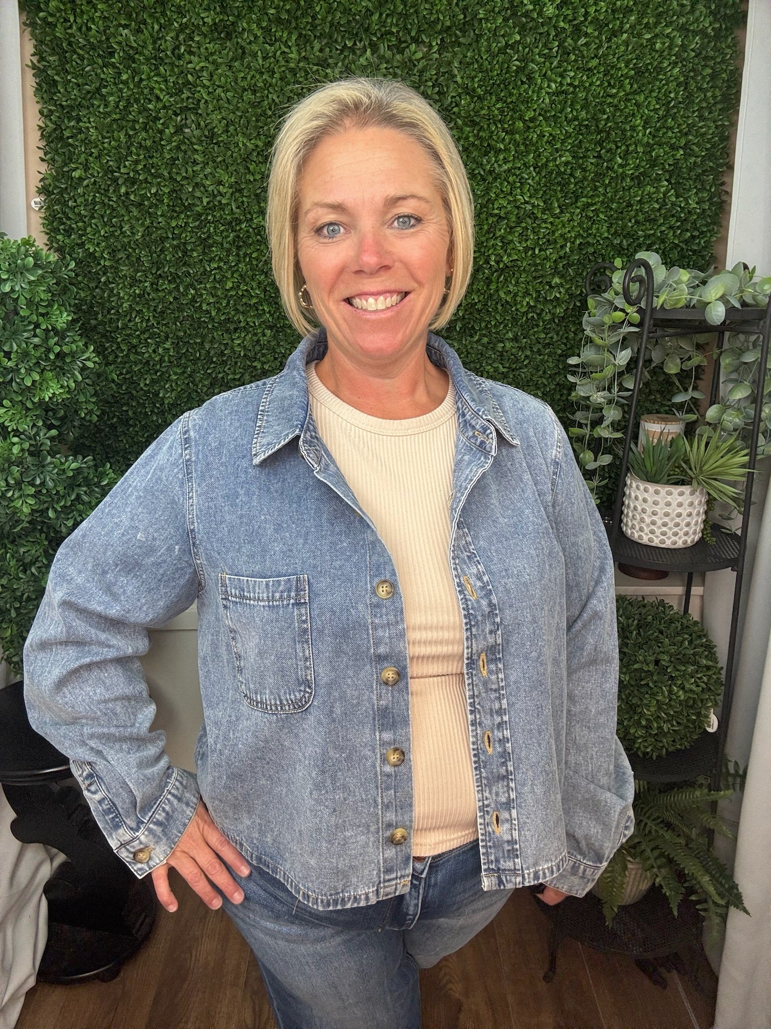 LONG SLEEVE DENIM BUTTON DOWN TOP - DENIM