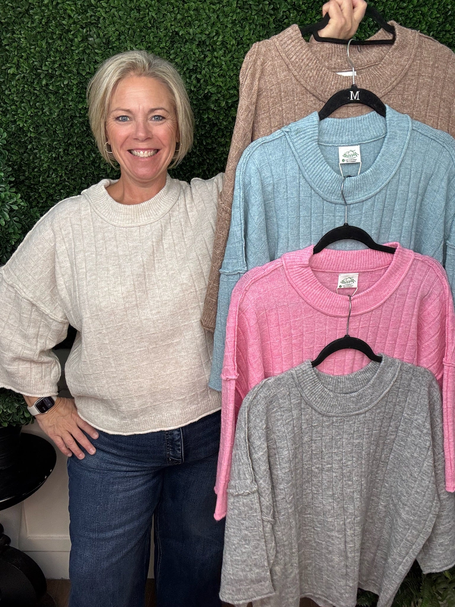TEXTURED KNIT COLLARED SWEATER - PINK/H. GRAY/MOCHA/OATMEAL/BLUE