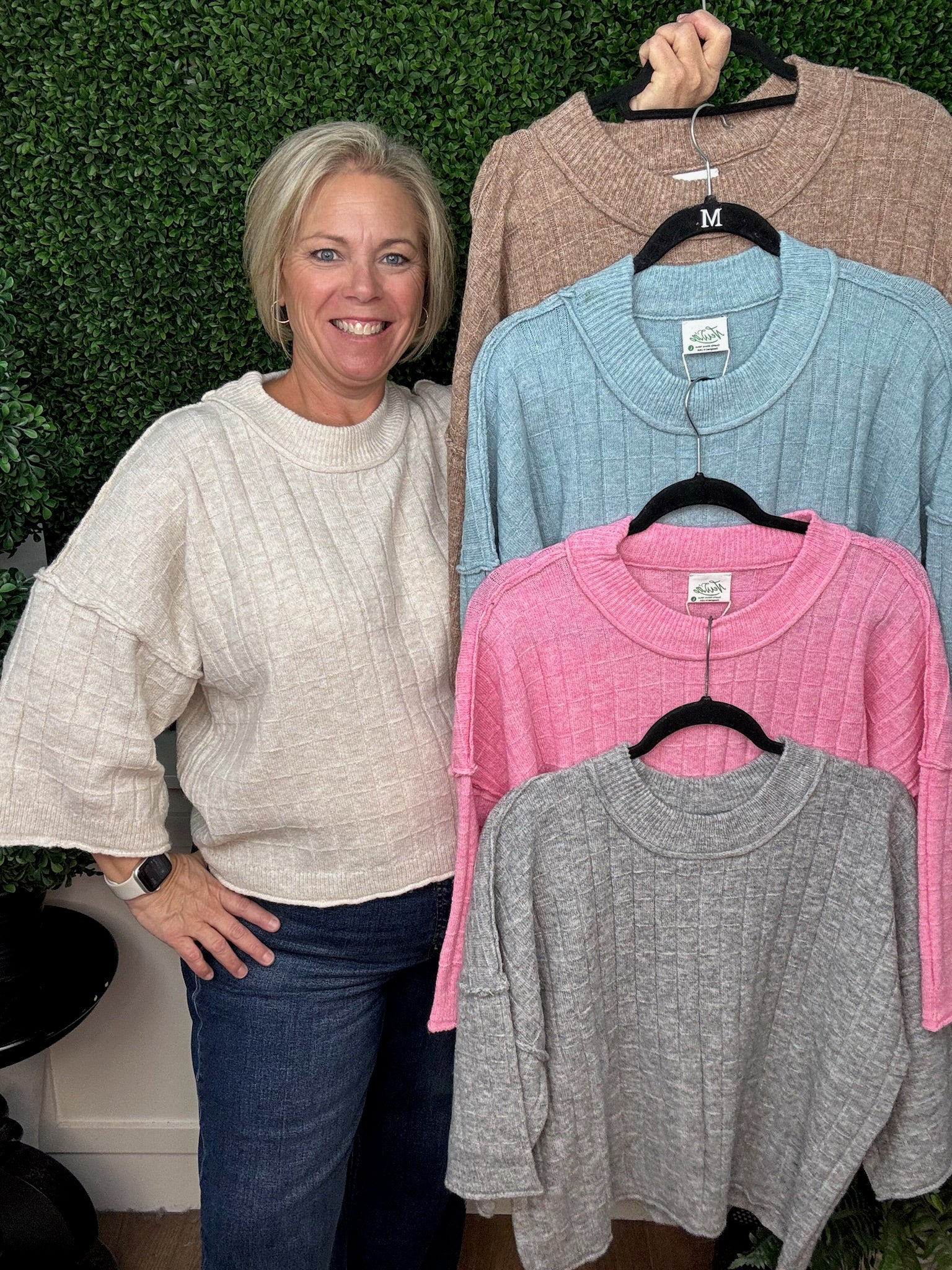 TEXTURED KNIT COLLARED SWEATER - PINK/H. GRAY/MOCHA/OATMEAL/BLUE