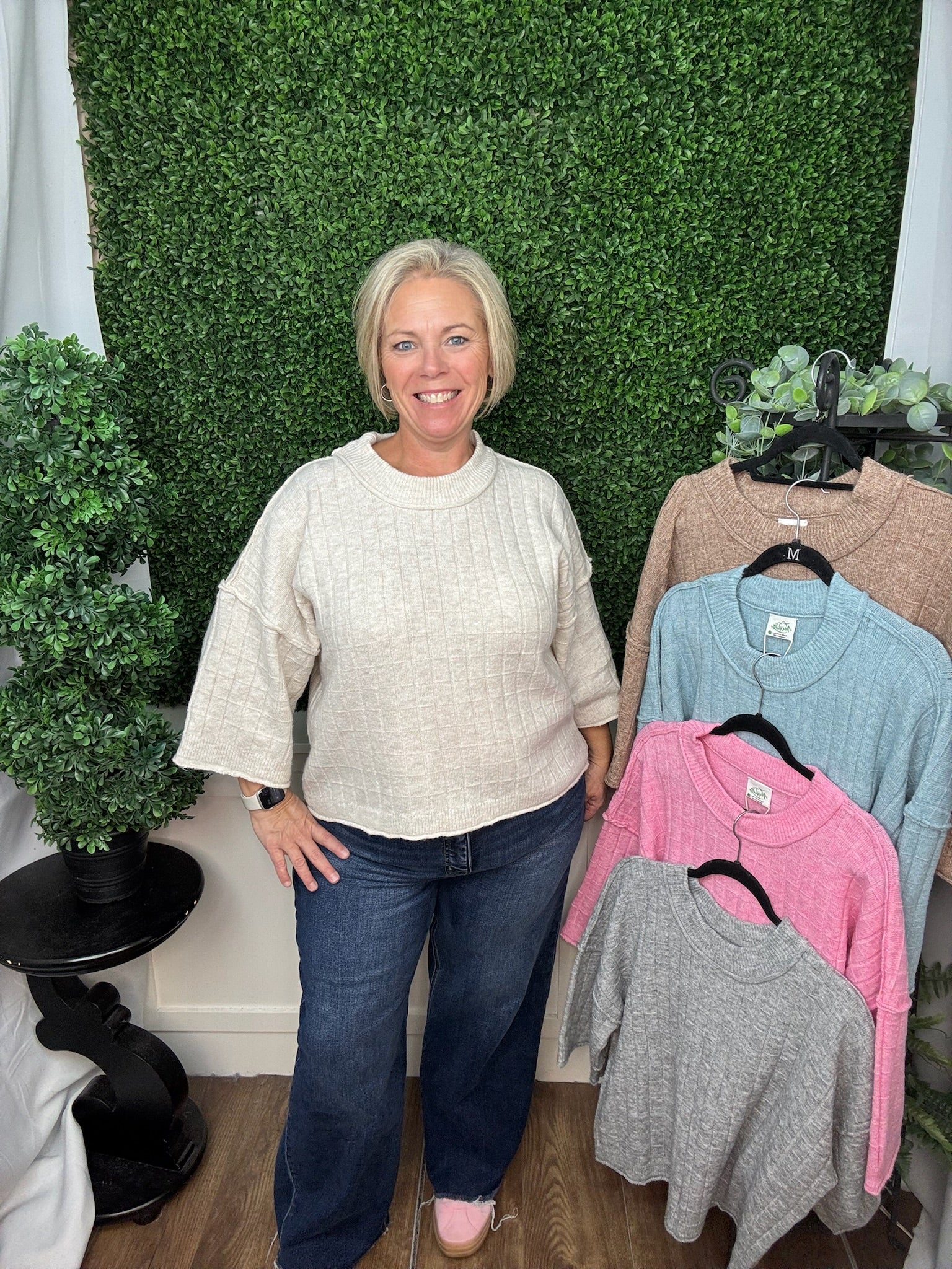 TEXTURED KNIT COLLARED SWEATER - PINK/H. GRAY/MOCHA/OATMEAL/BLUE