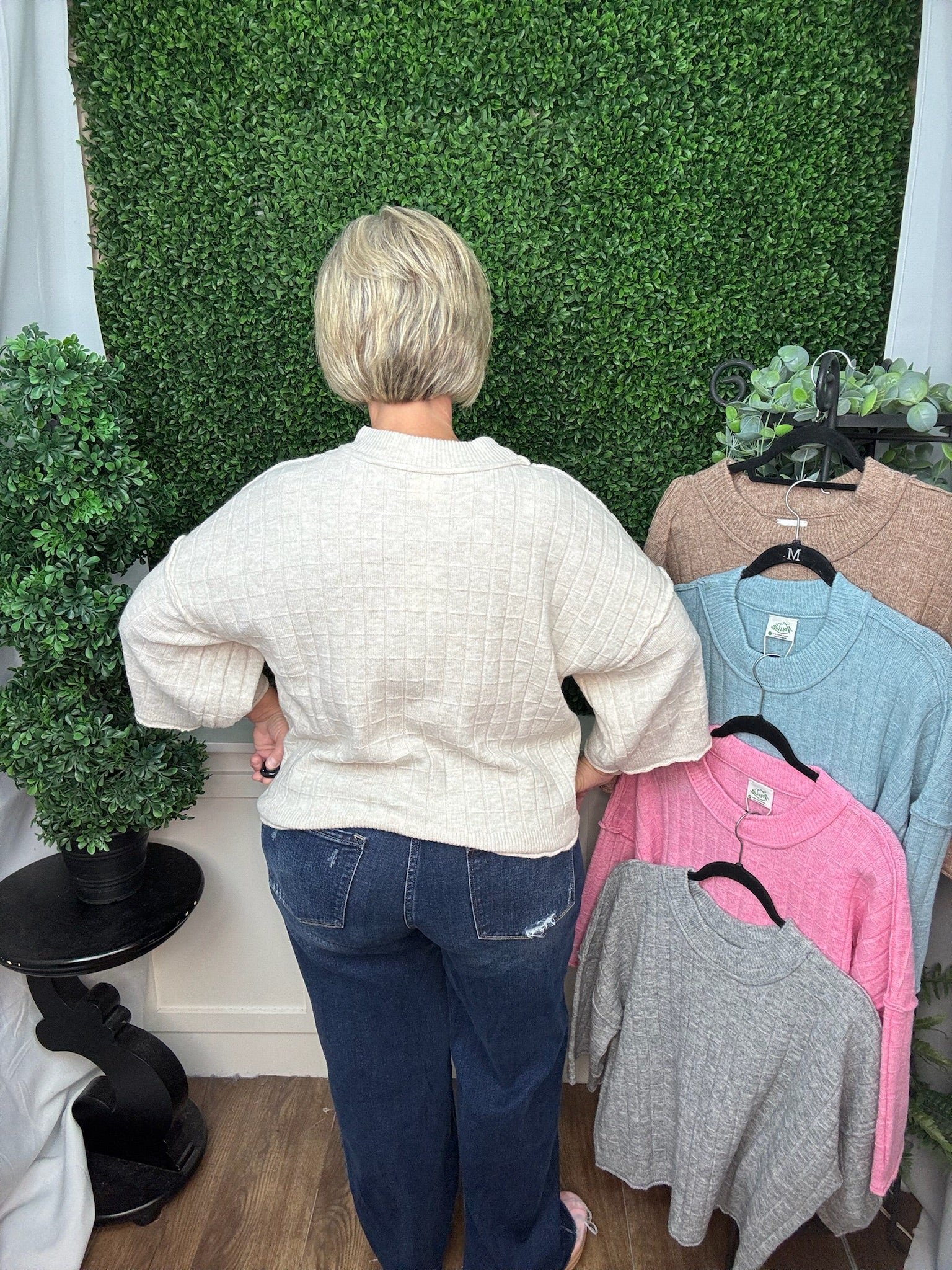 TEXTURED KNIT COLLARED SWEATER - PINK/H. GRAY/MOCHA/OATMEAL/BLUE
