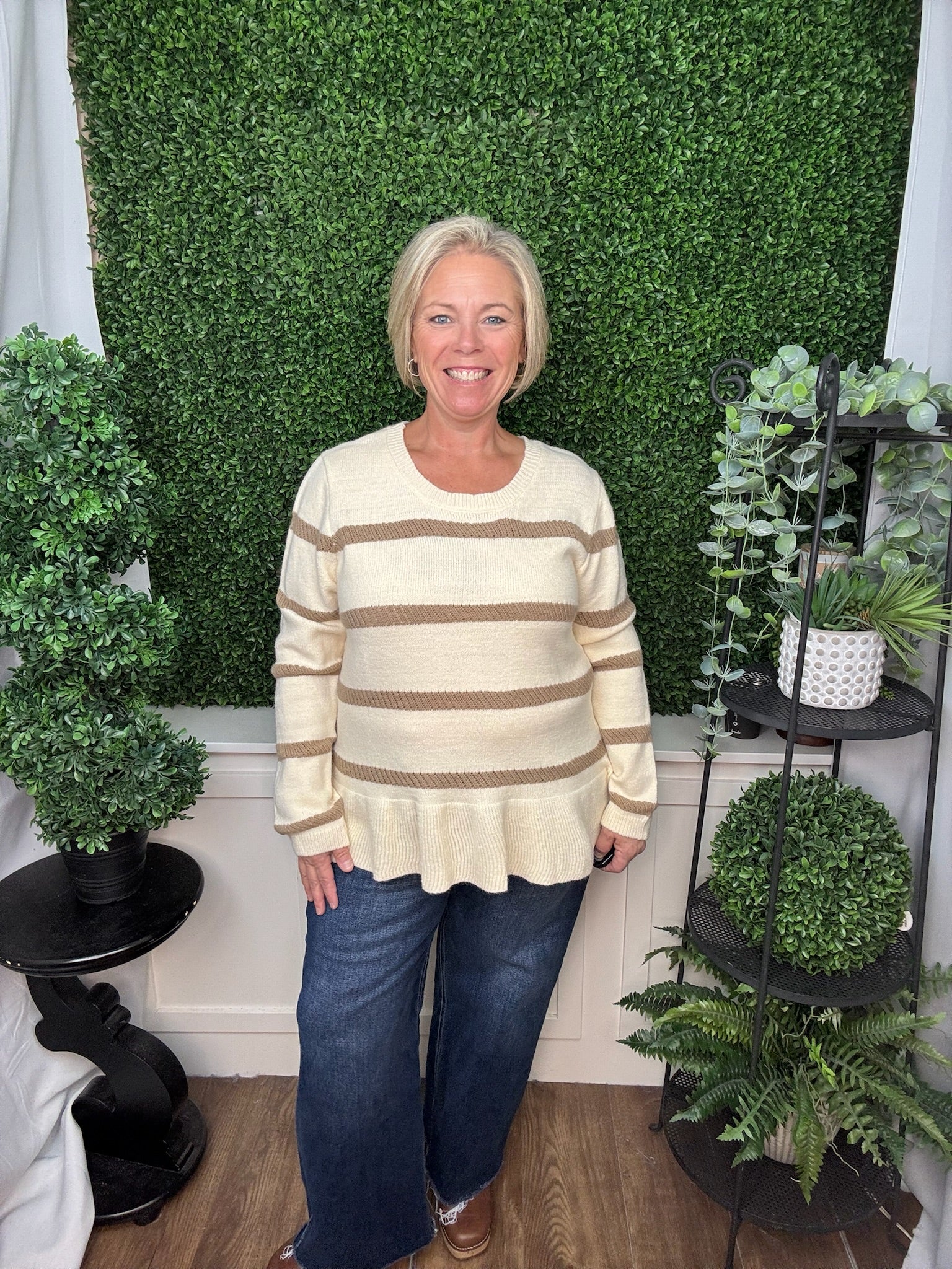 STRIPED V-NECK KNIT SWEATER - FOREST/RED/OATMEAL