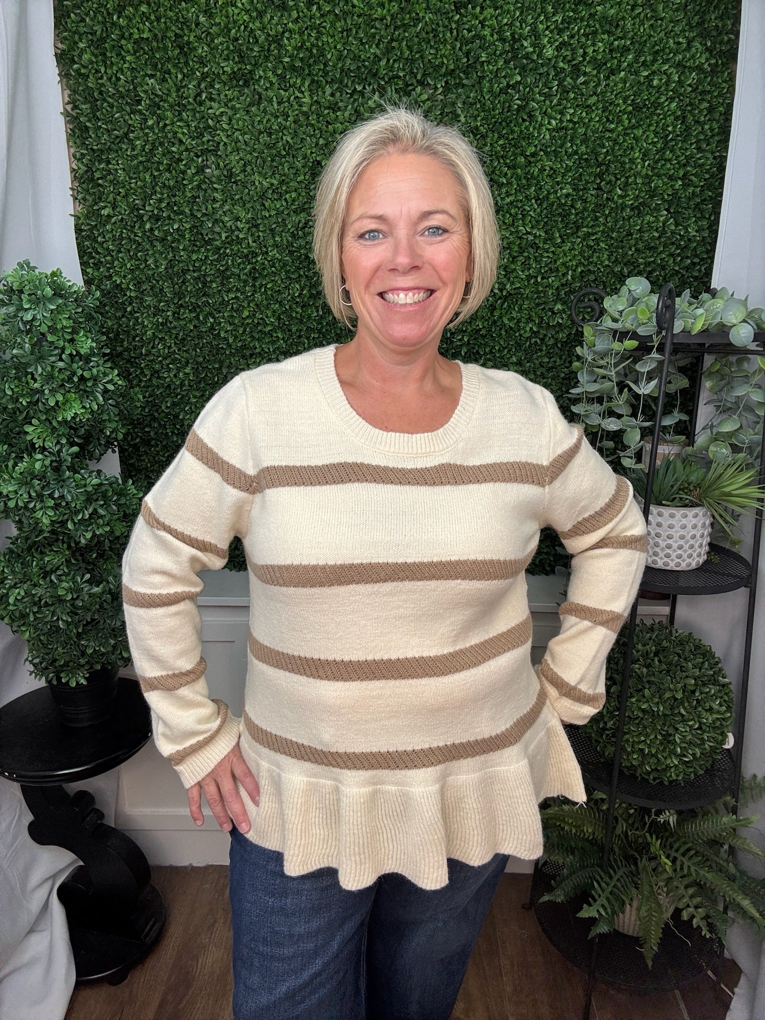STRIPED V-NECK KNIT SWEATER - FOREST/RED/OATMEAL