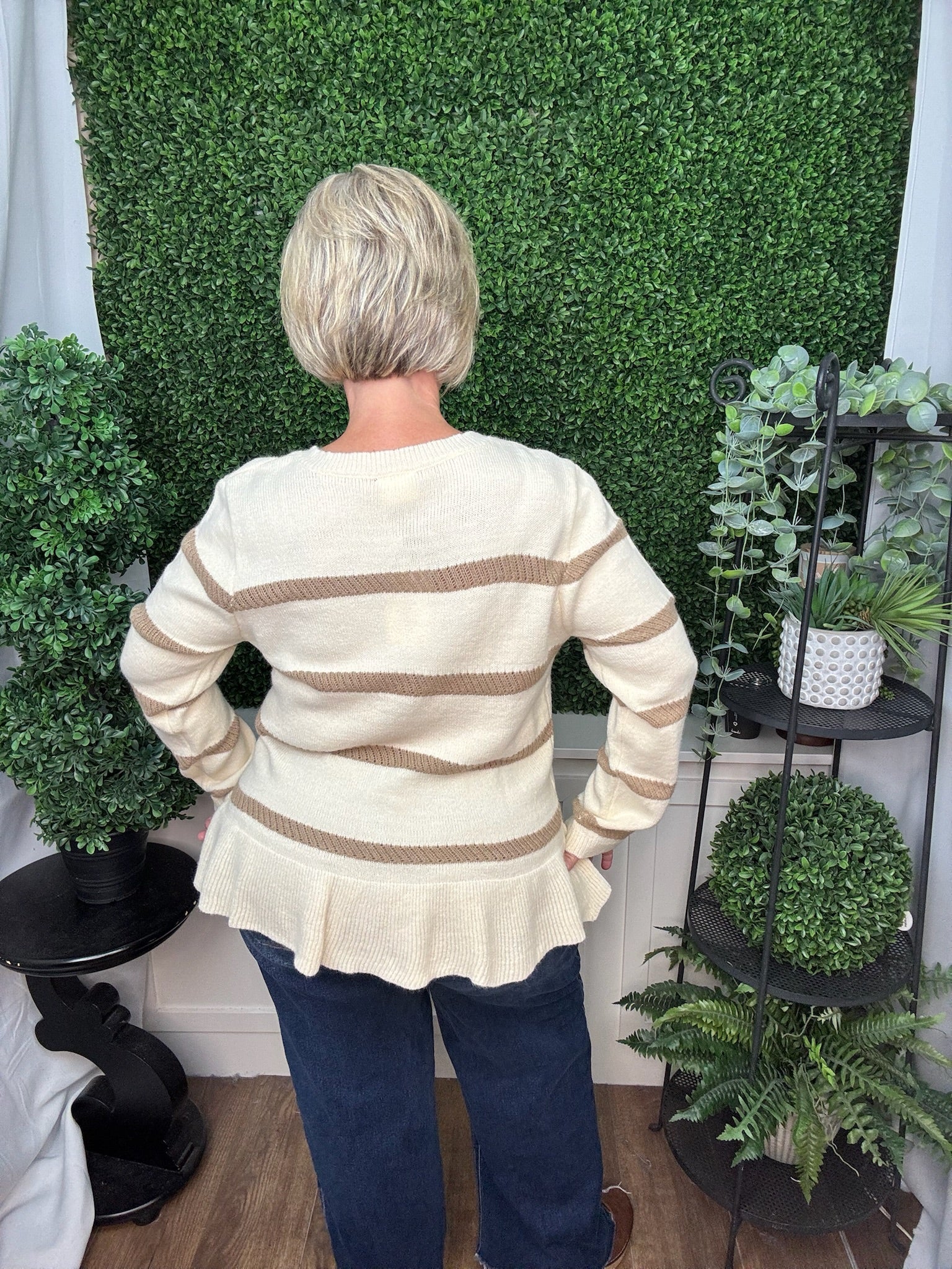 STRIPED V-NECK KNIT SWEATER - FOREST/RED/OATMEAL