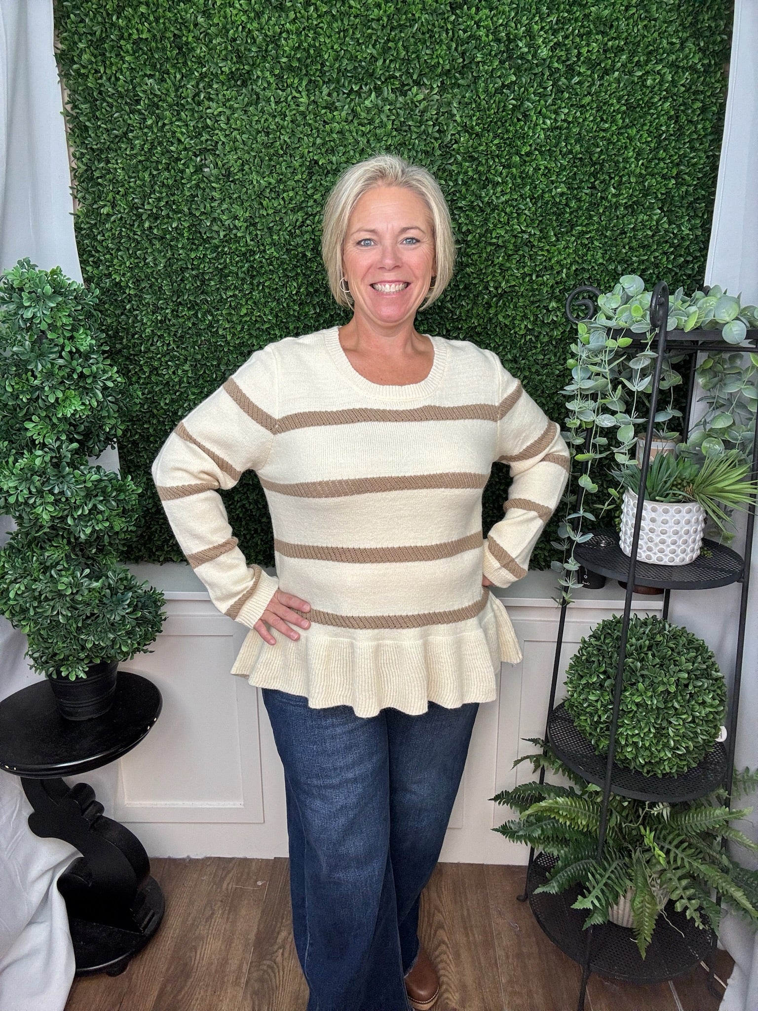 STRIPED V-NECK KNIT SWEATER - FOREST/RED/OATMEAL